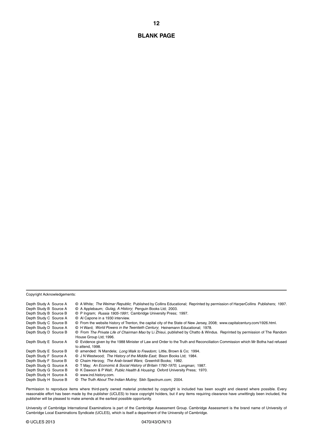 Cambridge IGCSE History 0470 2013 Oct/Nov Paper 4 · Variant 3 question paper, page 12 of 12