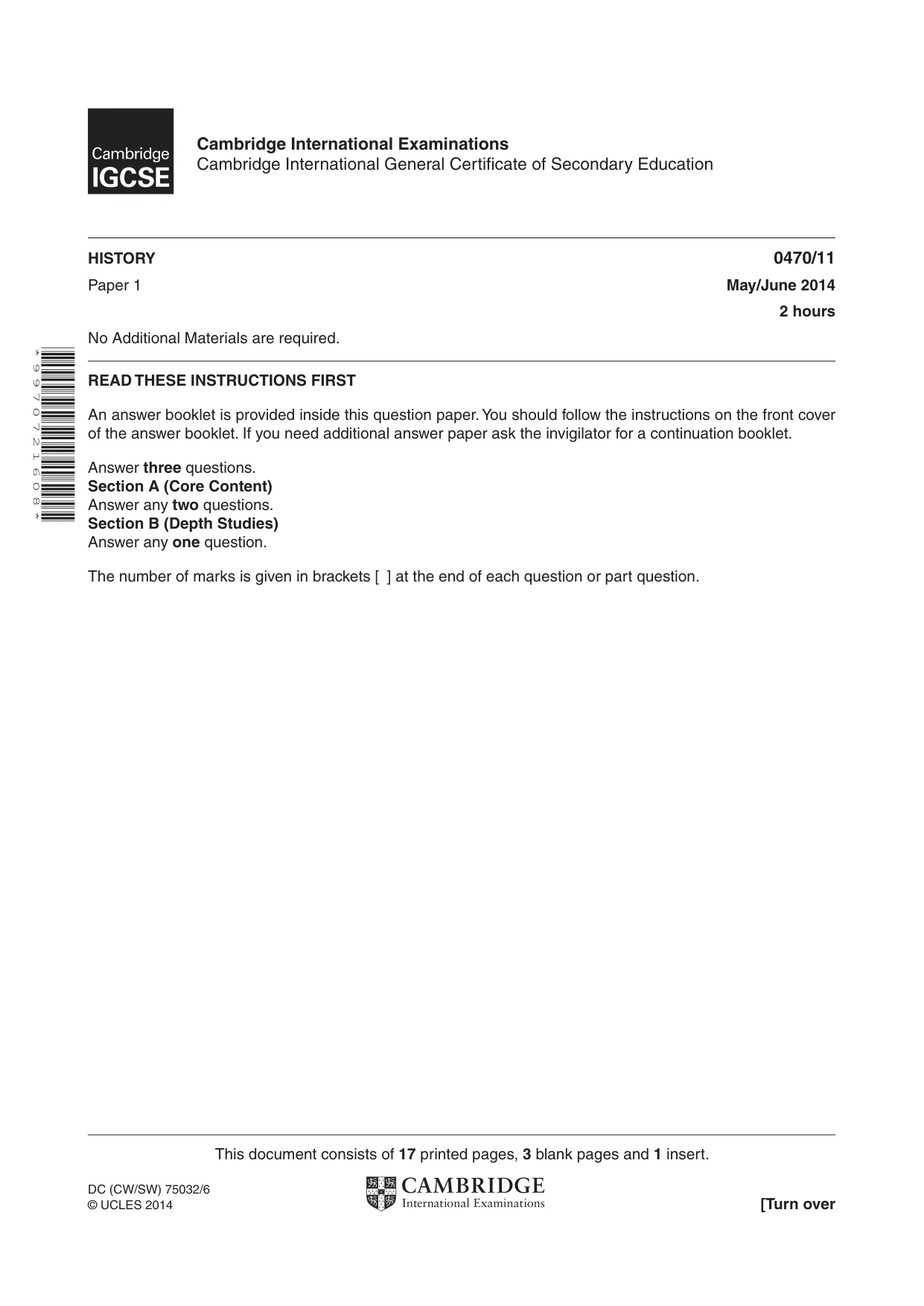 Cambridge IGCSE History 0470 2014 May/June Paper 1 · Variant 1 question paper, page 1 of 20