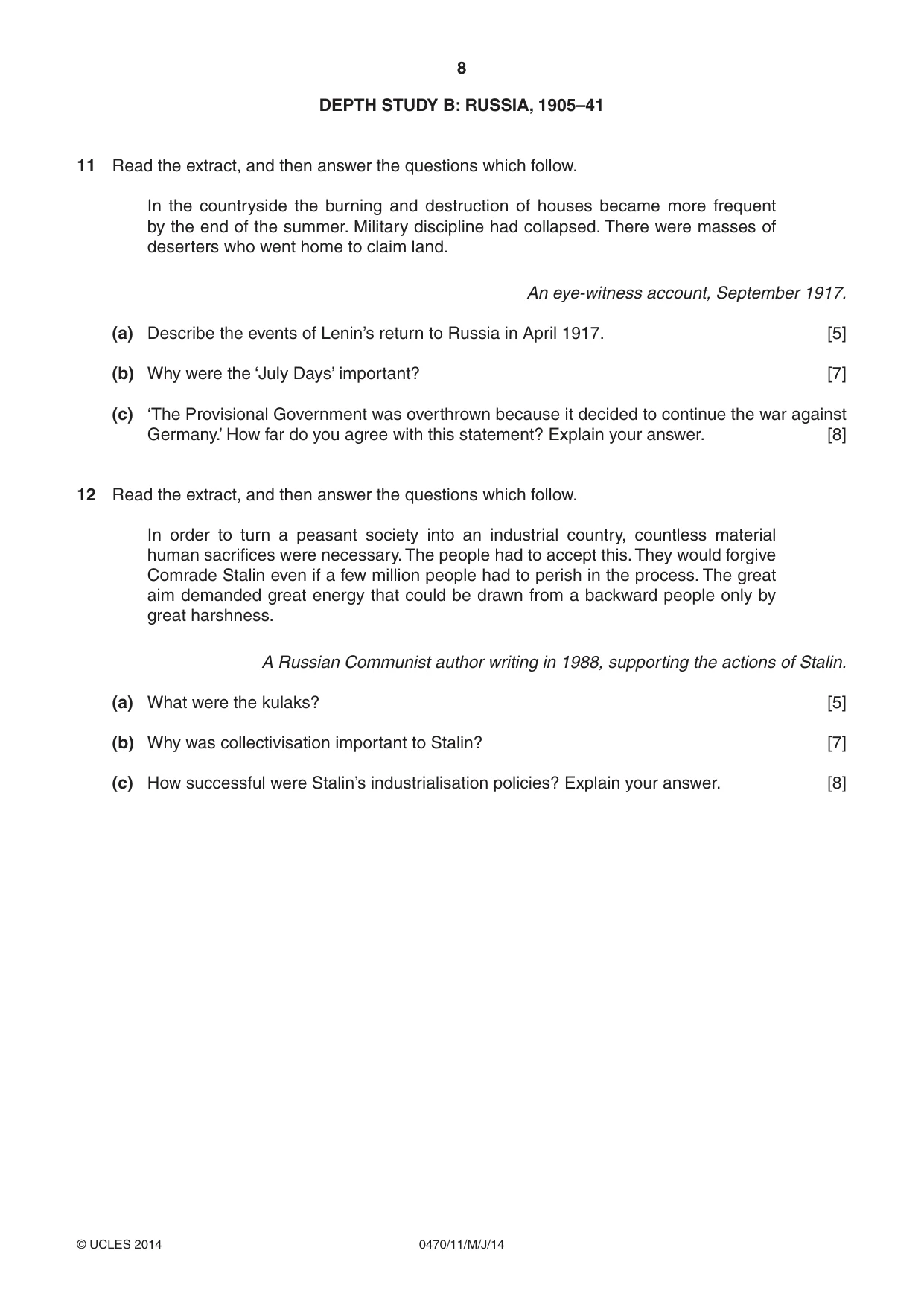 Cambridge IGCSE History 0470 2014 May/June Paper 1 · Variant 1 question paper, page 8 of 20