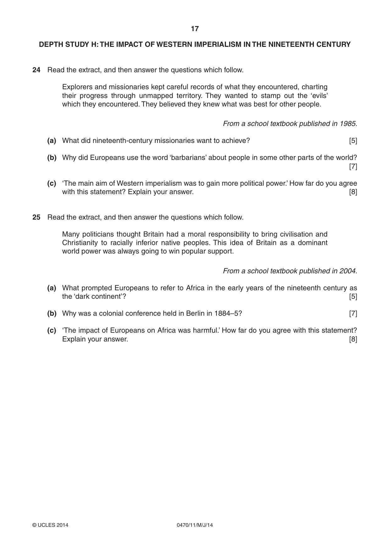 Cambridge IGCSE History 0470 2014 May/June Paper 1 · Variant 1 question paper, page 17 of 20