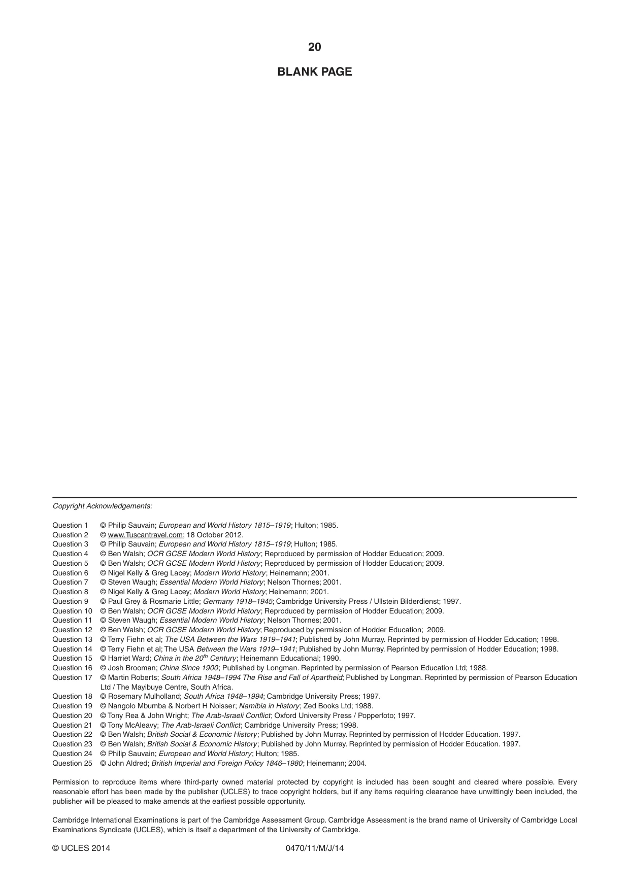 Cambridge IGCSE History 0470 2014 May/June Paper 1 · Variant 1 question paper, page 20 of 20
