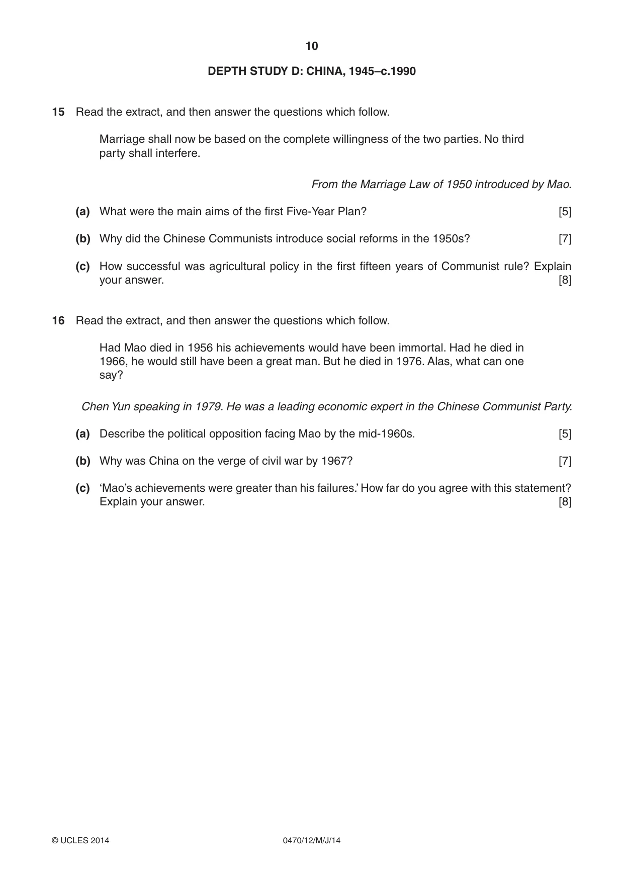 Cambridge IGCSE History 0470 2014 May/June Paper 1 · Variant 2 question paper, page 10 of 16