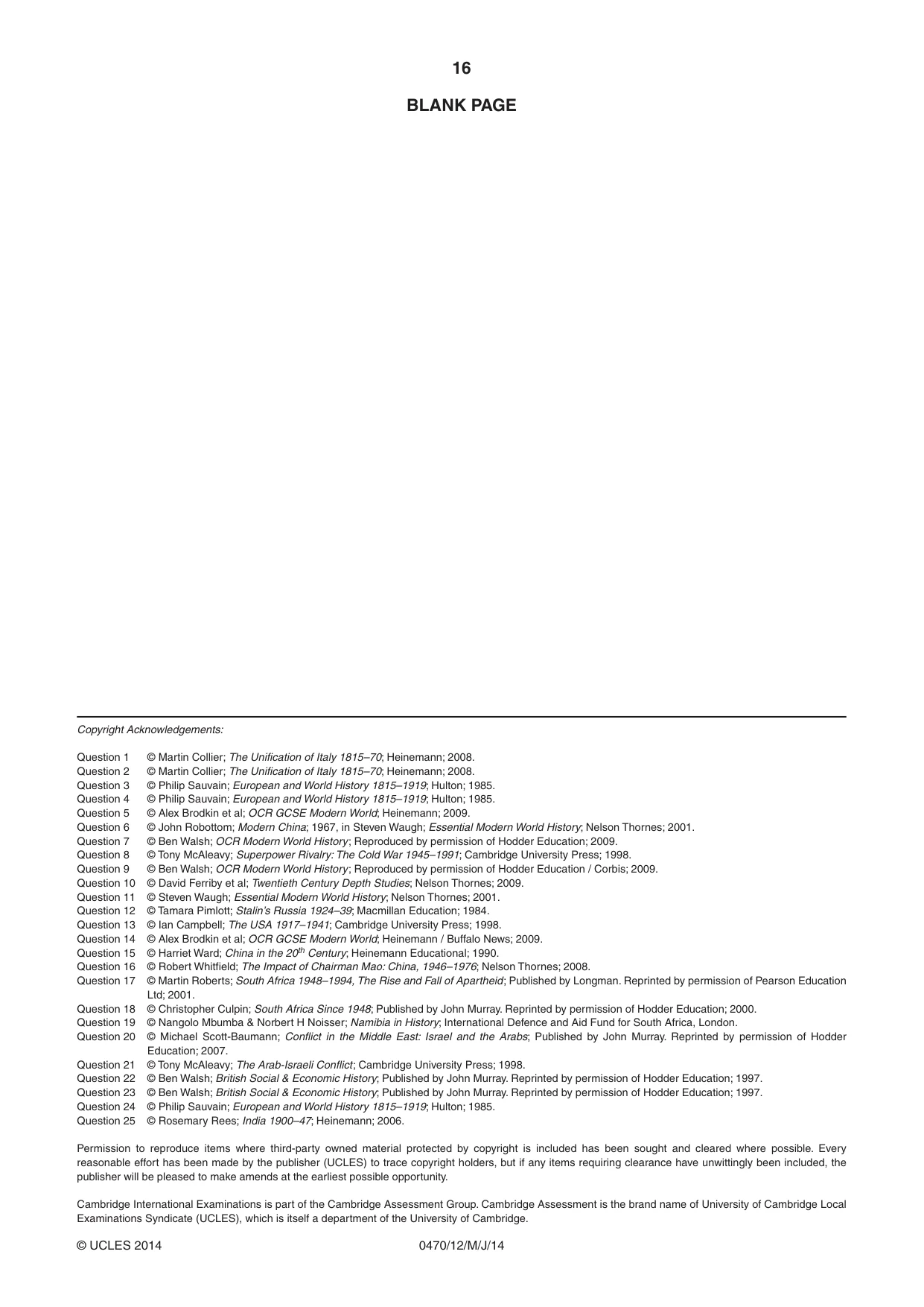 Cambridge IGCSE History 0470 2014 May/June Paper 1 · Variant 2 question paper, page 16 of 16
