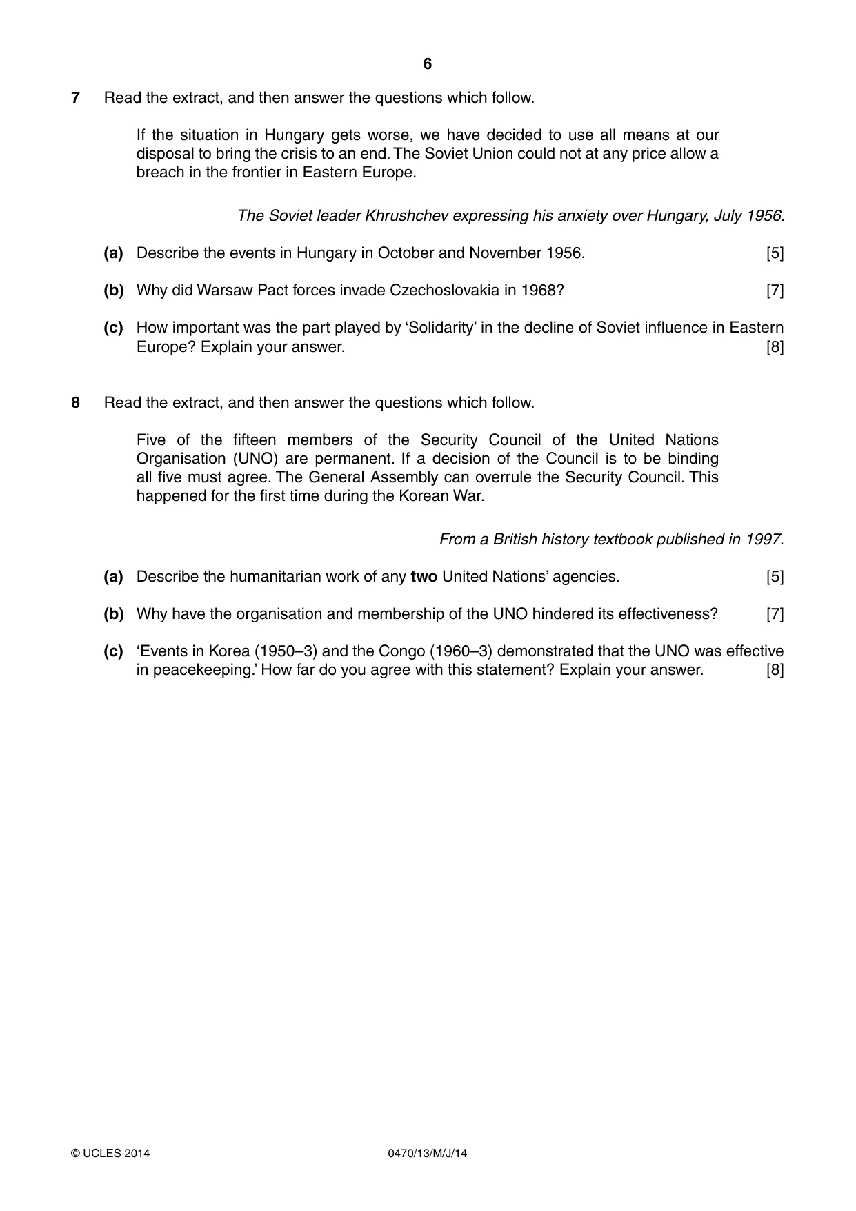 Cambridge IGCSE History 0470 2014 May/June Paper 1 · Variant 3 question paper, page 6 of 20