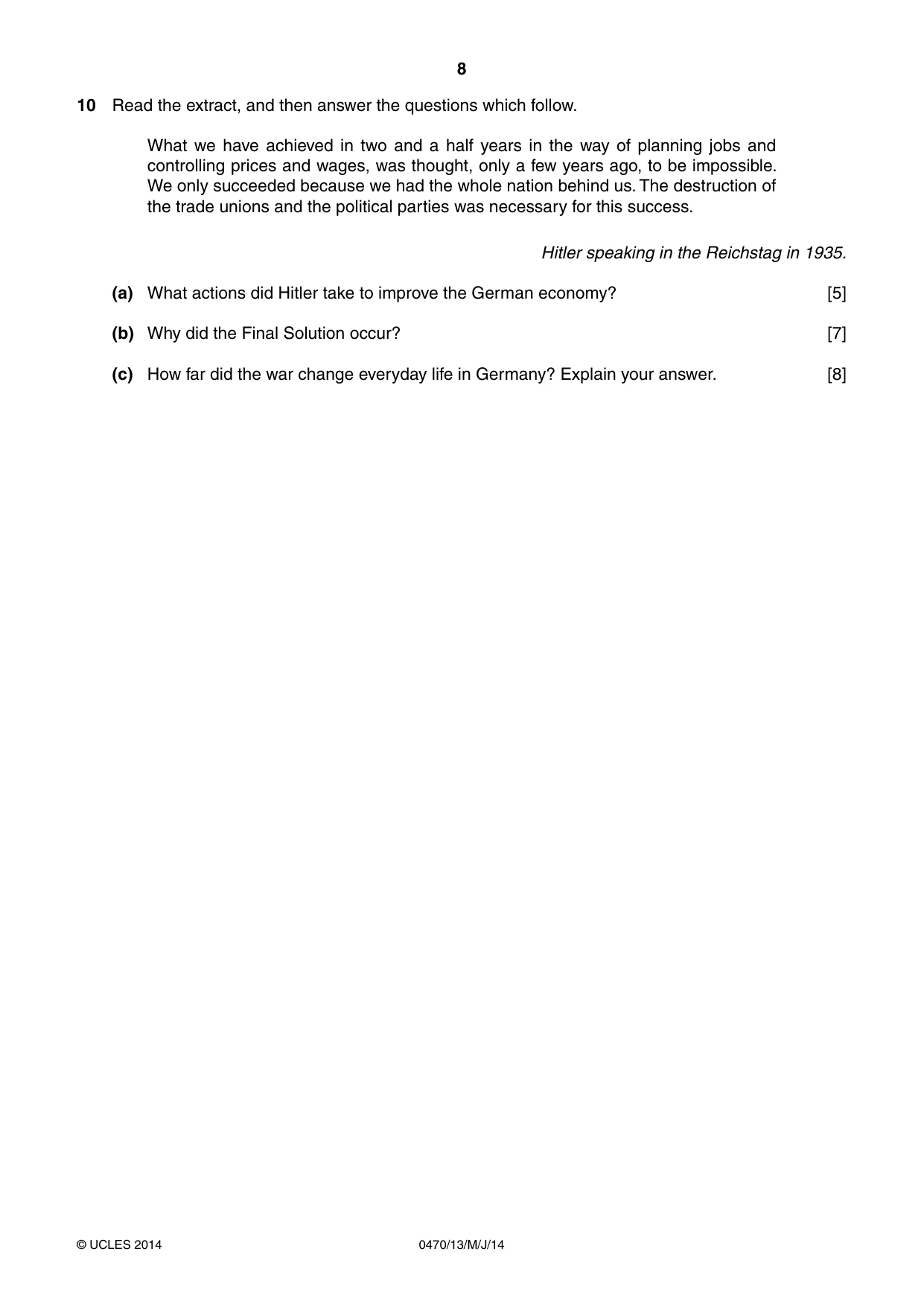 Cambridge IGCSE History 0470 2014 May/June Paper 1 · Variant 3 question paper, page 8 of 20