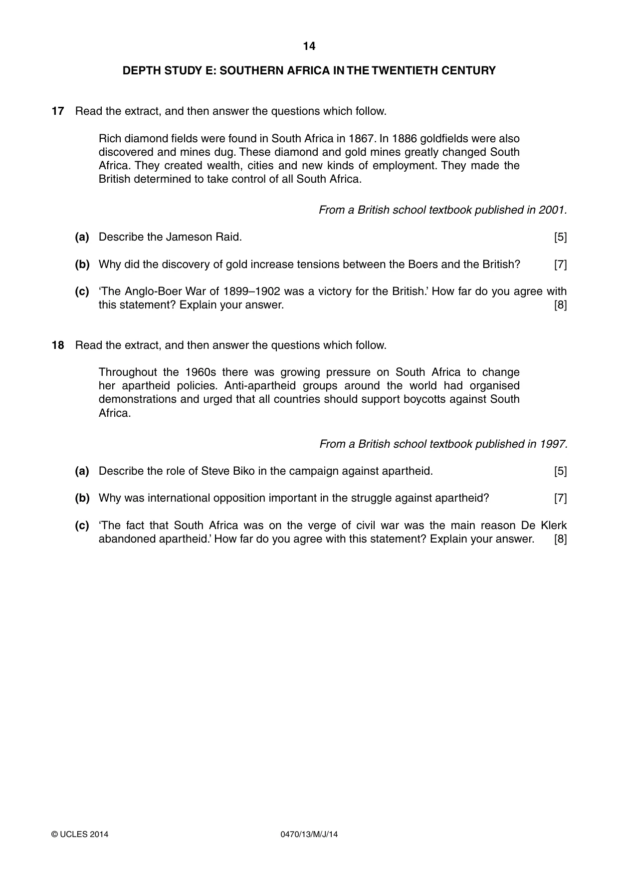 Cambridge IGCSE History 0470 2014 May/June Paper 1 · Variant 3 question paper, page 14 of 20