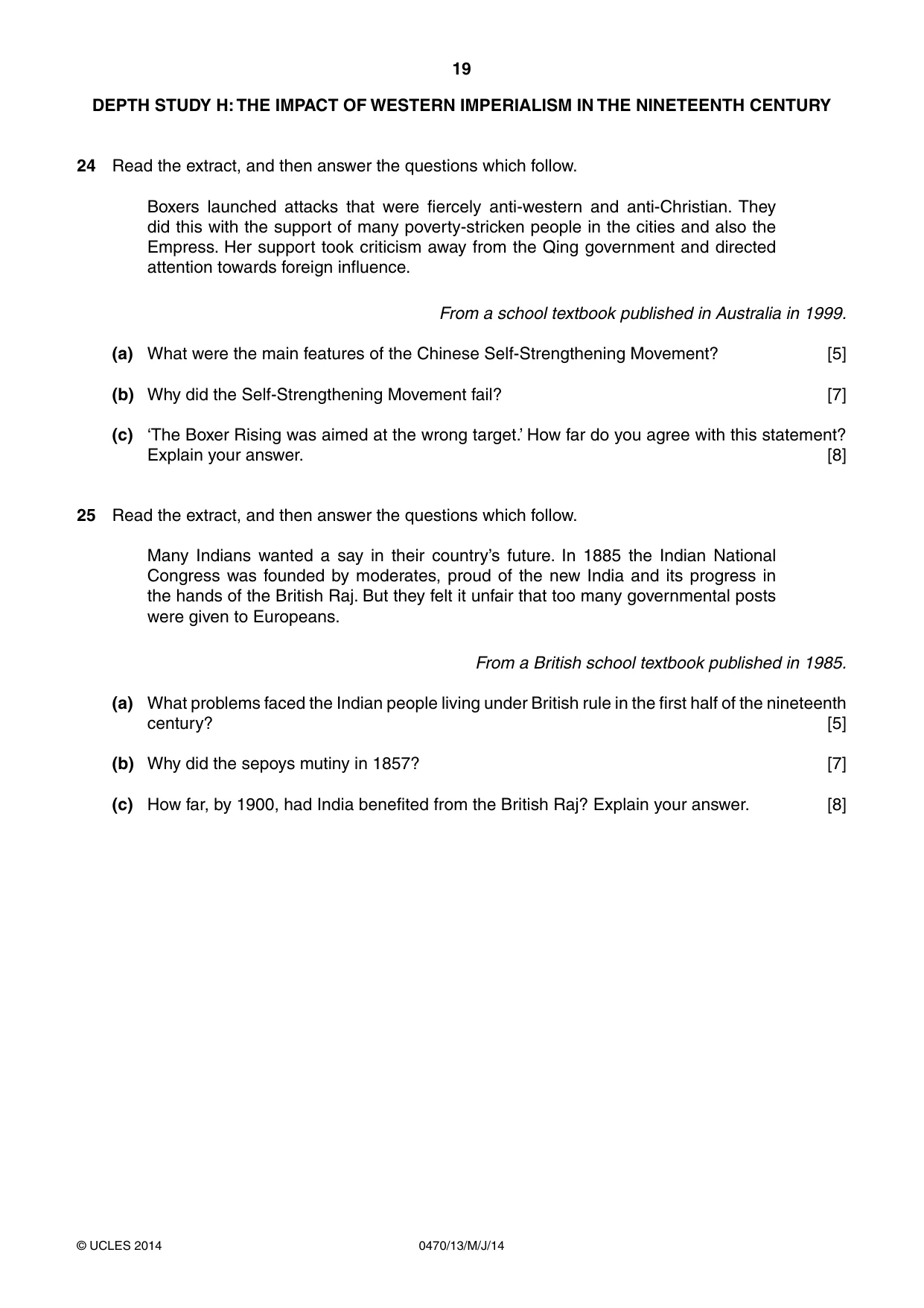 Cambridge IGCSE History 0470 2014 May/June Paper 1 · Variant 3 question paper, page 19 of 20