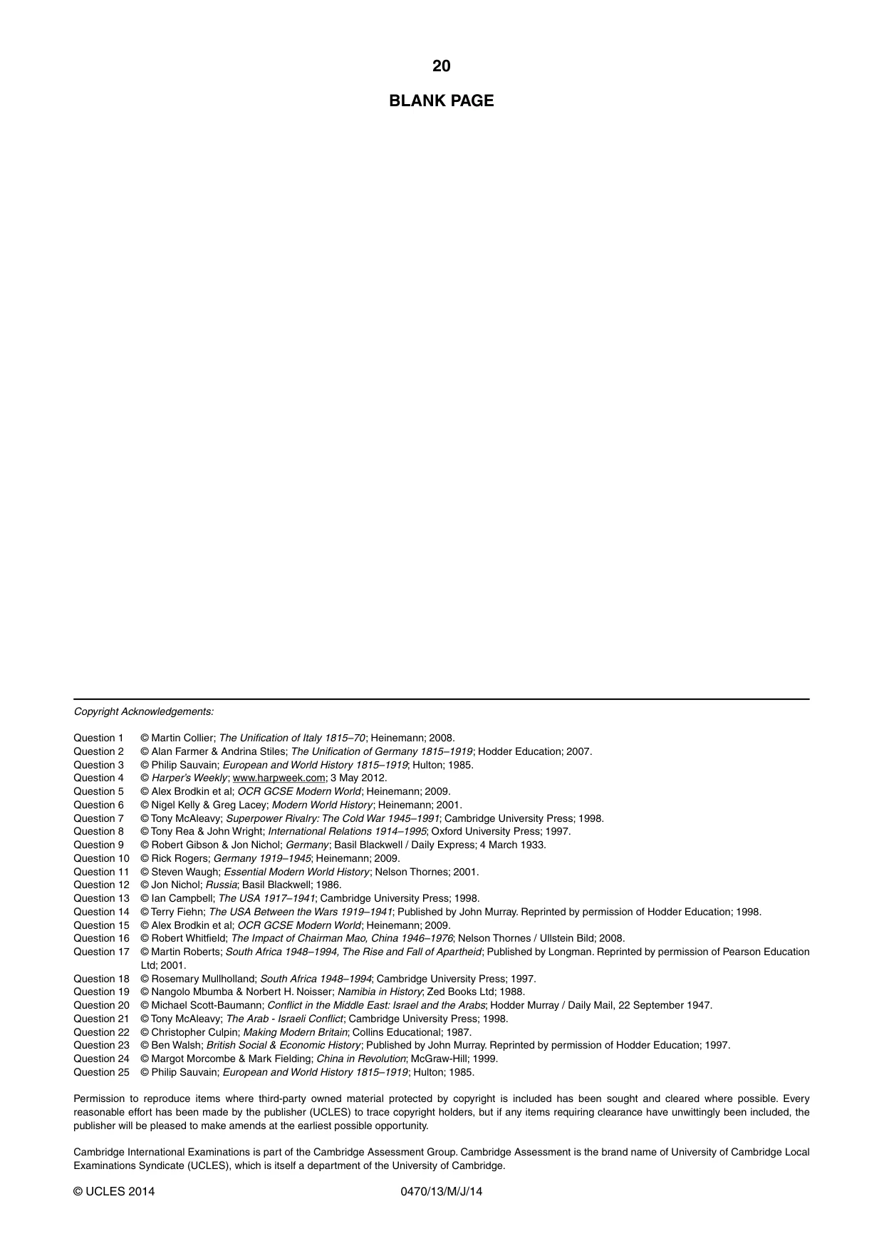 Cambridge IGCSE History 0470 2014 May/June Paper 1 · Variant 3 question paper, page 20 of 20