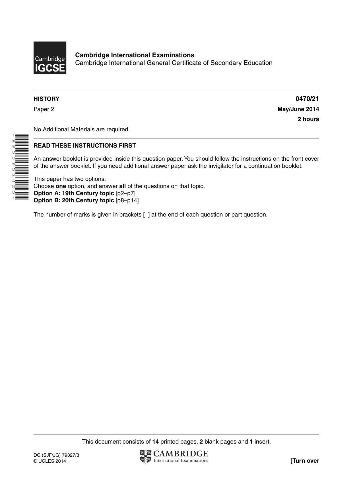 Cambridge IGCSE History 0470 2014 May/June Paper 2 · Variant 1 question paper, page 1 of 16