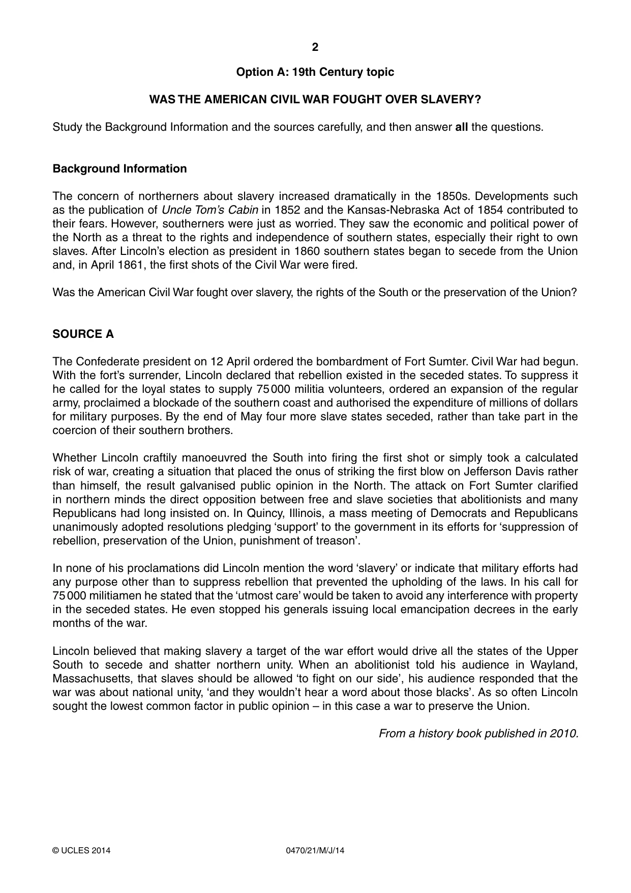 Cambridge IGCSE History 0470 2014 May/June Paper 2 · Variant 1 question paper, page 2 of 16