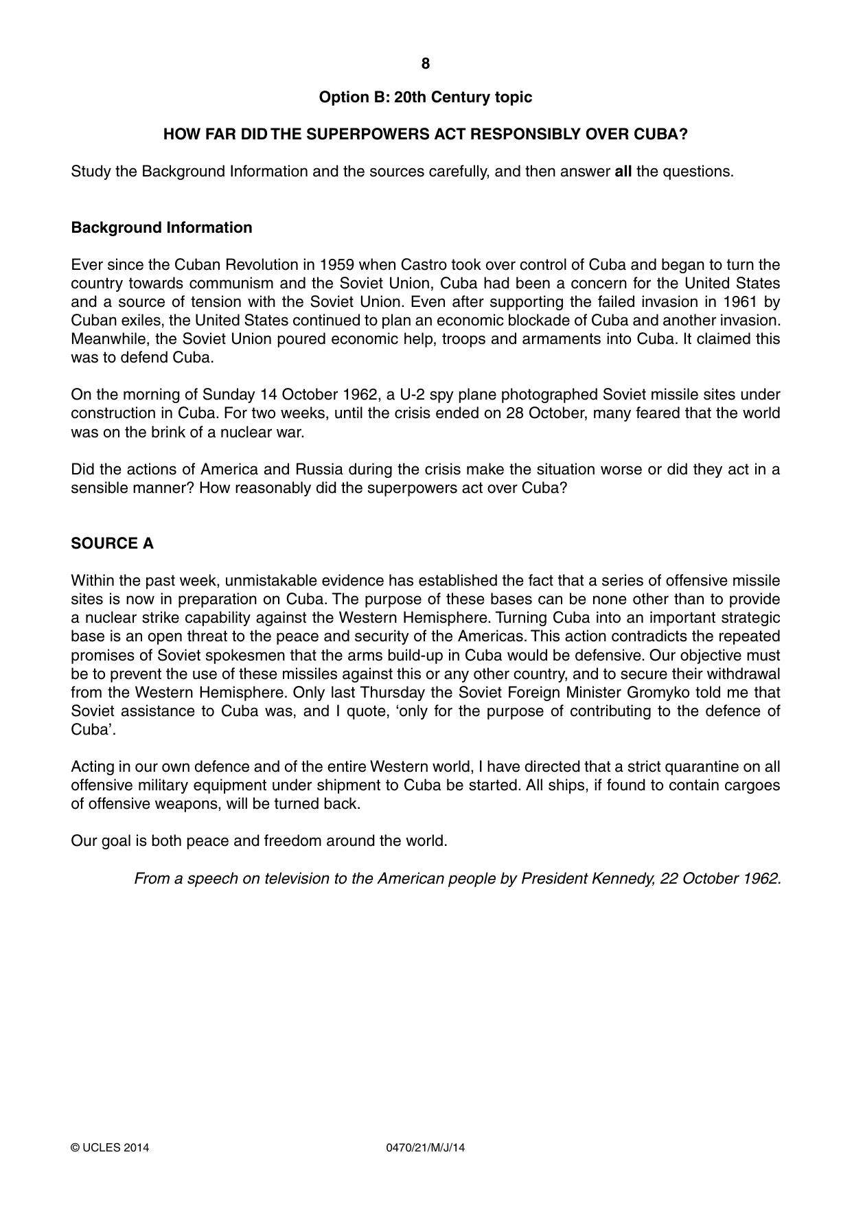 Cambridge IGCSE History 0470 2014 May/June Paper 2 · Variant 1 question paper, page 8 of 16
