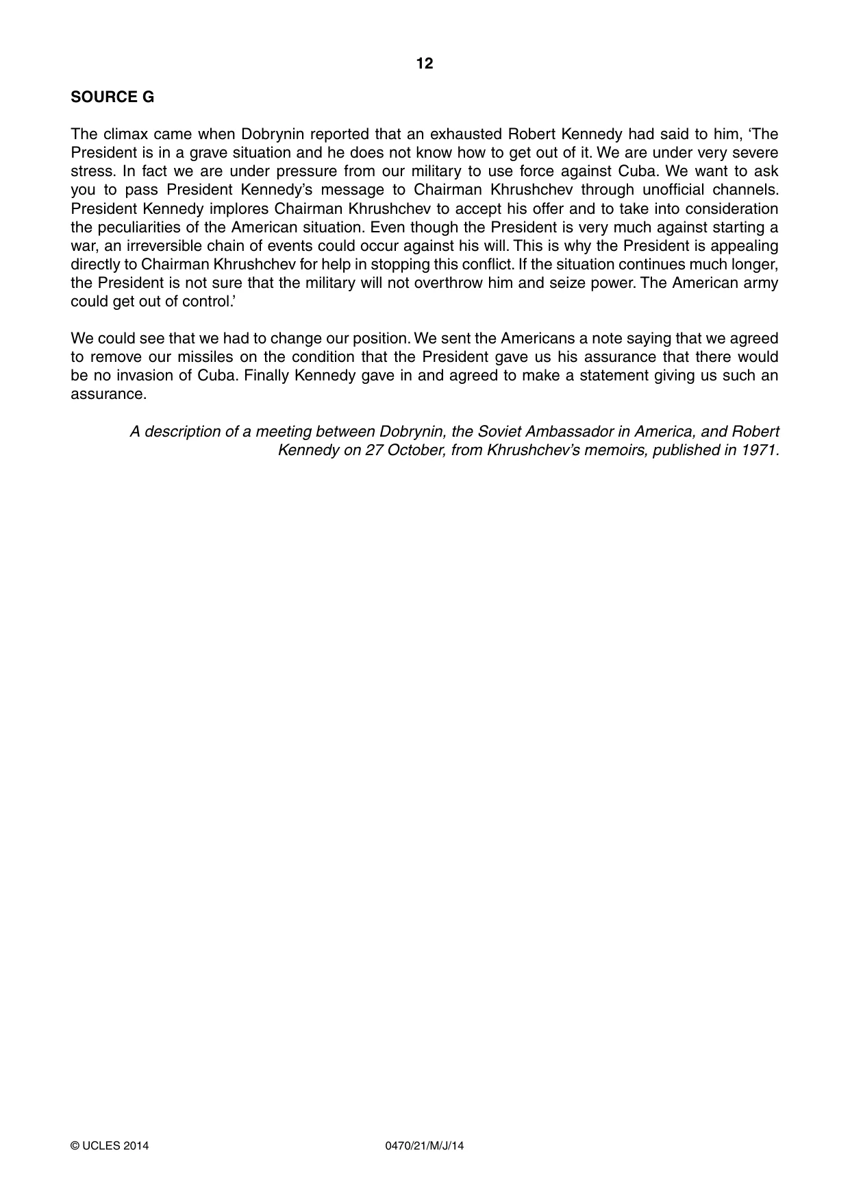 Cambridge IGCSE History 0470 2014 May/June Paper 2 · Variant 1 question paper, page 12 of 16