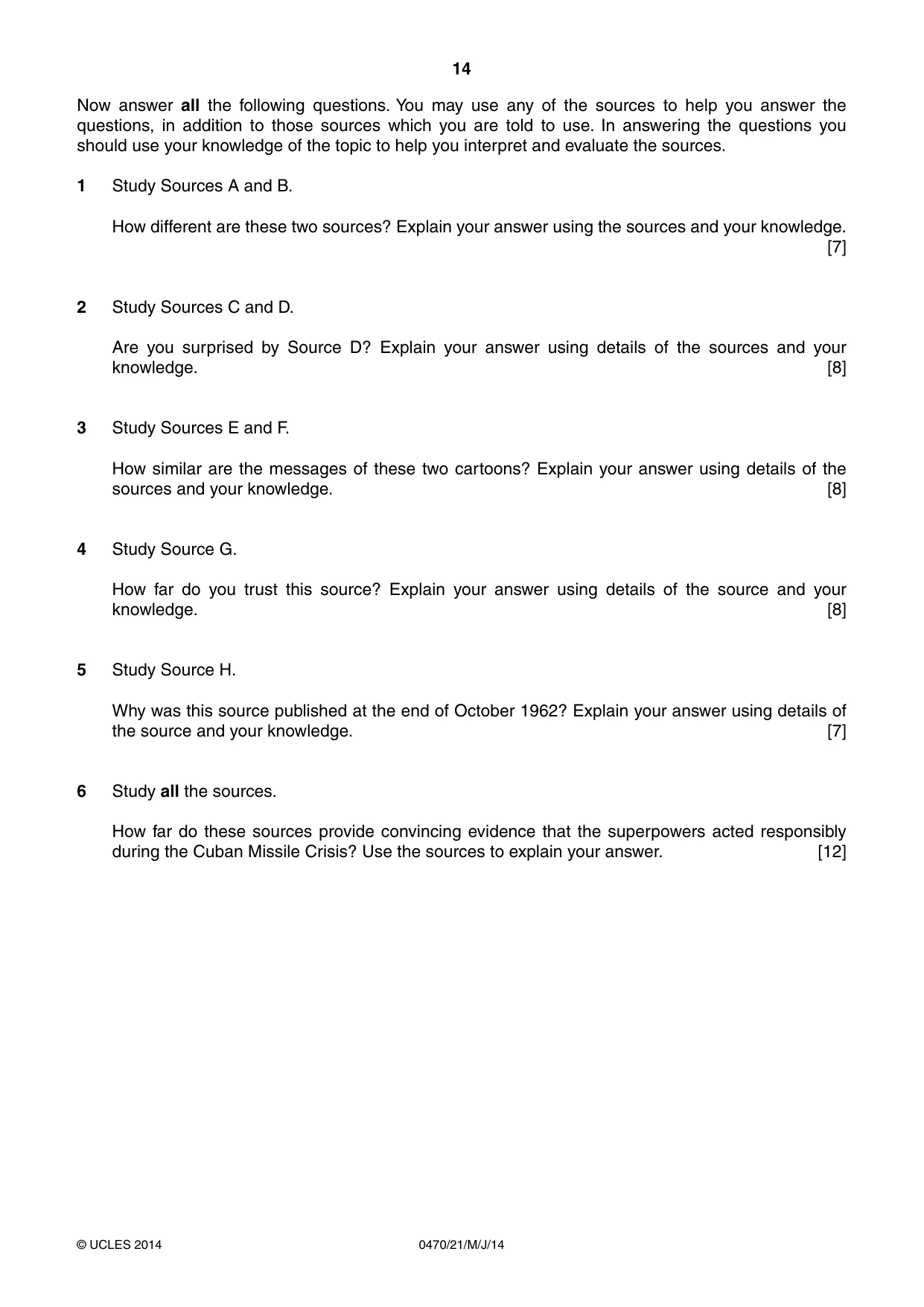 Cambridge IGCSE History 0470 2014 May/June Paper 2 · Variant 1 question paper, page 14 of 16