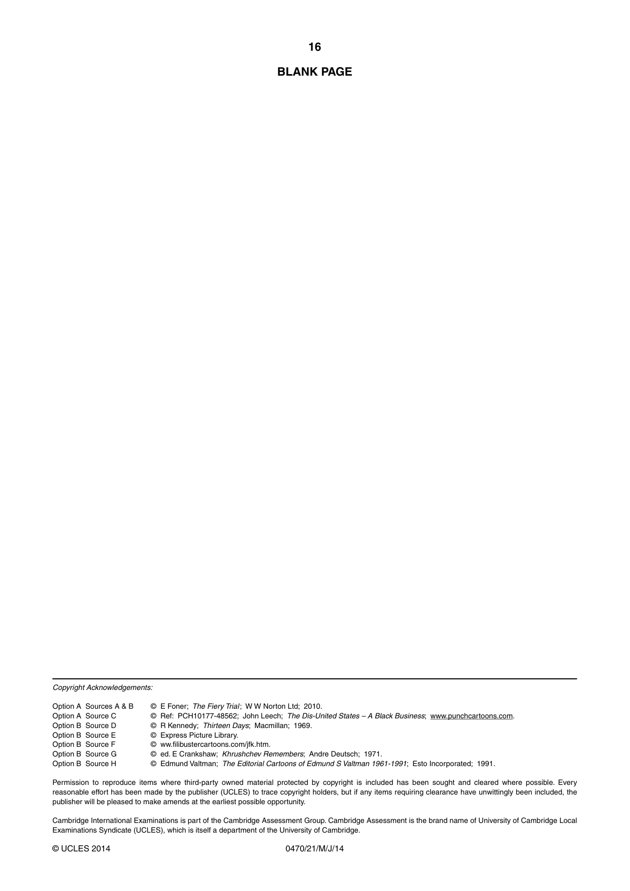 Cambridge IGCSE History 0470 2014 May/June Paper 2 · Variant 1 question paper, page 16 of 16