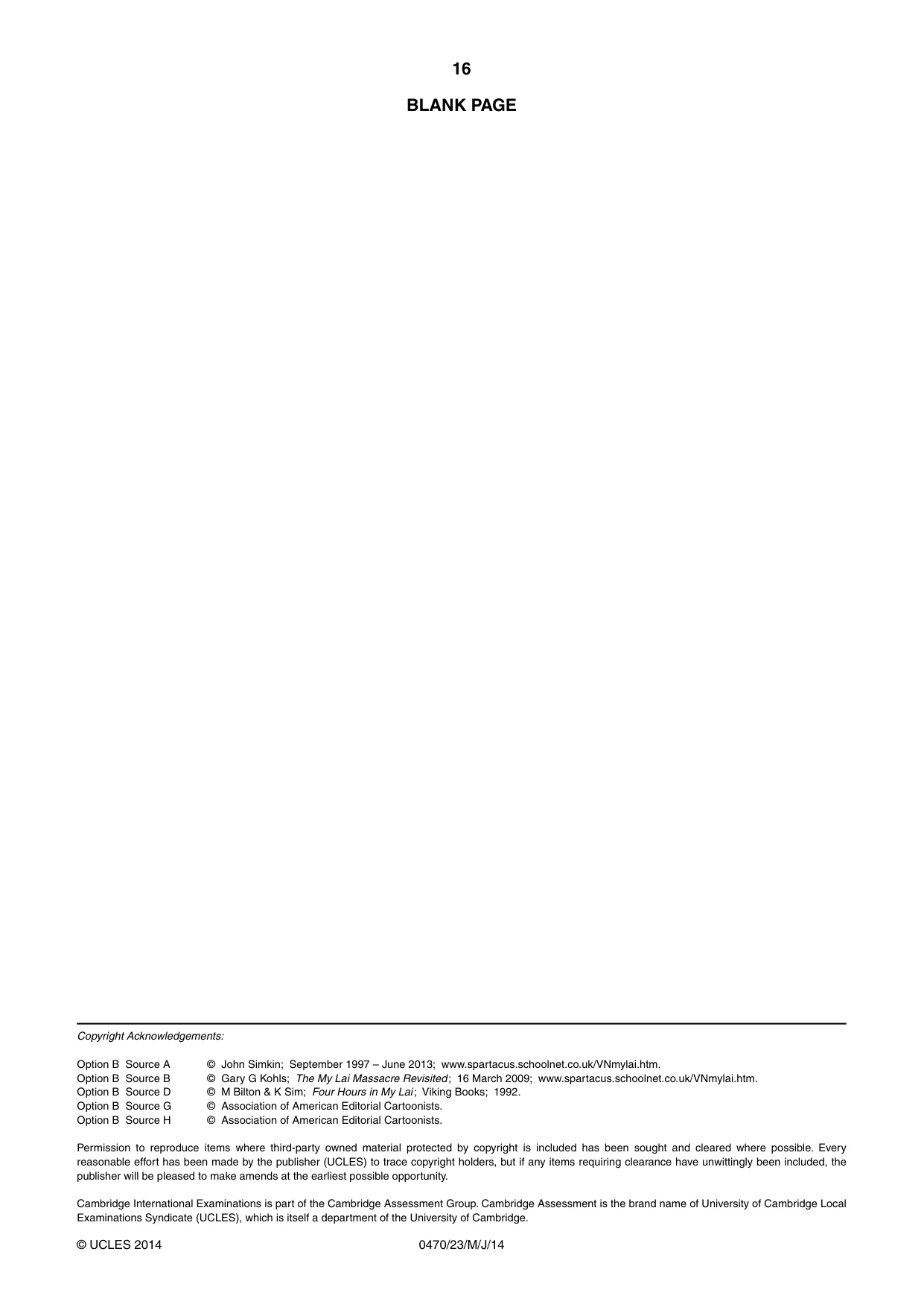 Cambridge IGCSE History 0470 2014 May/June Paper 2 · Variant 3 question paper, page 16 of 16