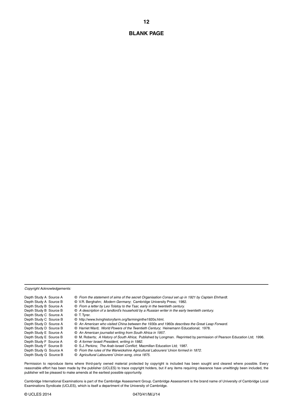 Cambridge IGCSE History 0470 2014 May/June Paper 4 · Variant 1 question paper, page 12 of 12