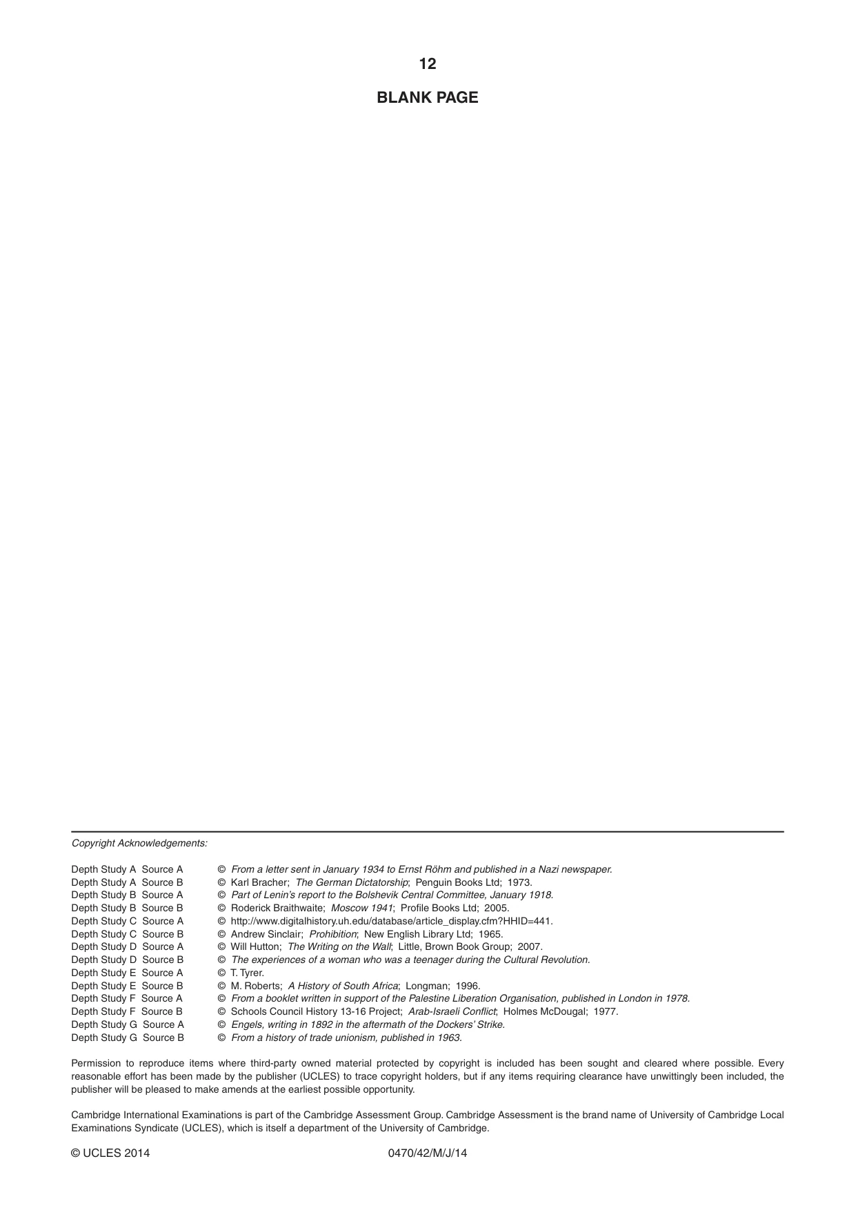 Cambridge IGCSE History 0470 2014 May/June Paper 4 · Variant 2 question paper, page 12 of 12