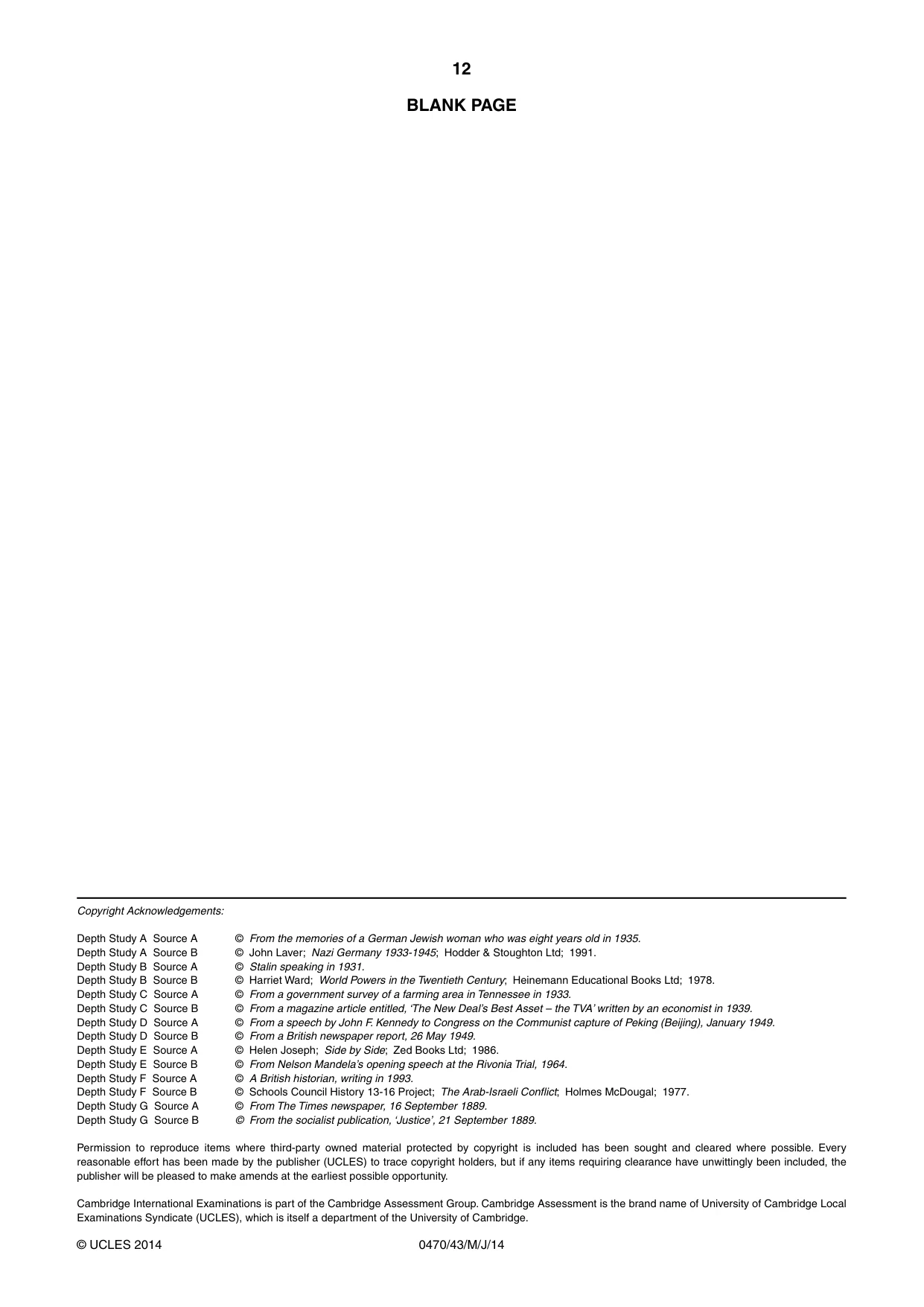 Cambridge IGCSE History 0470 2014 May/June Paper 4 · Variant 3 question paper, page 12 of 12