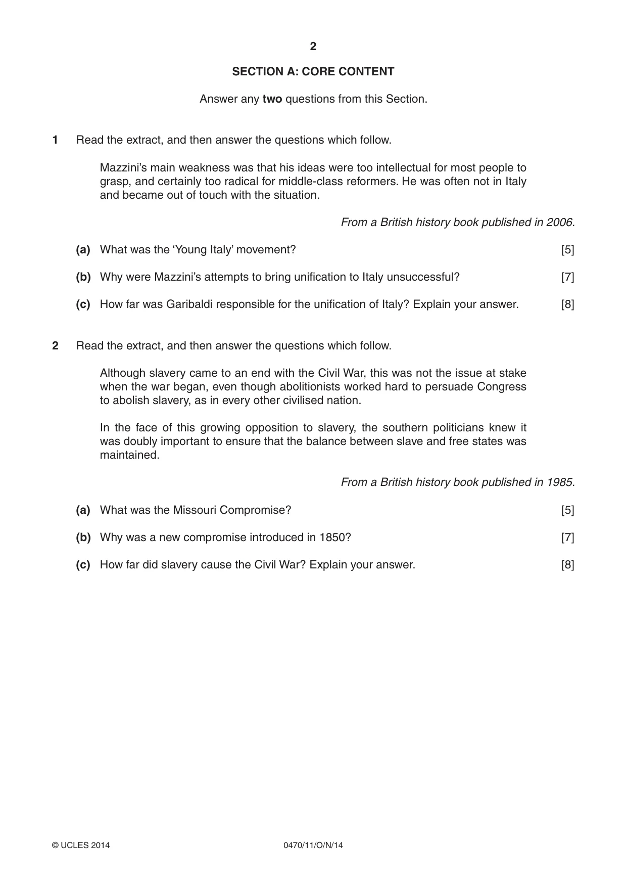 Cambridge IGCSE History 0470 2014 Oct/Nov Paper 1 · Variant 1 question paper, page 2 of 20