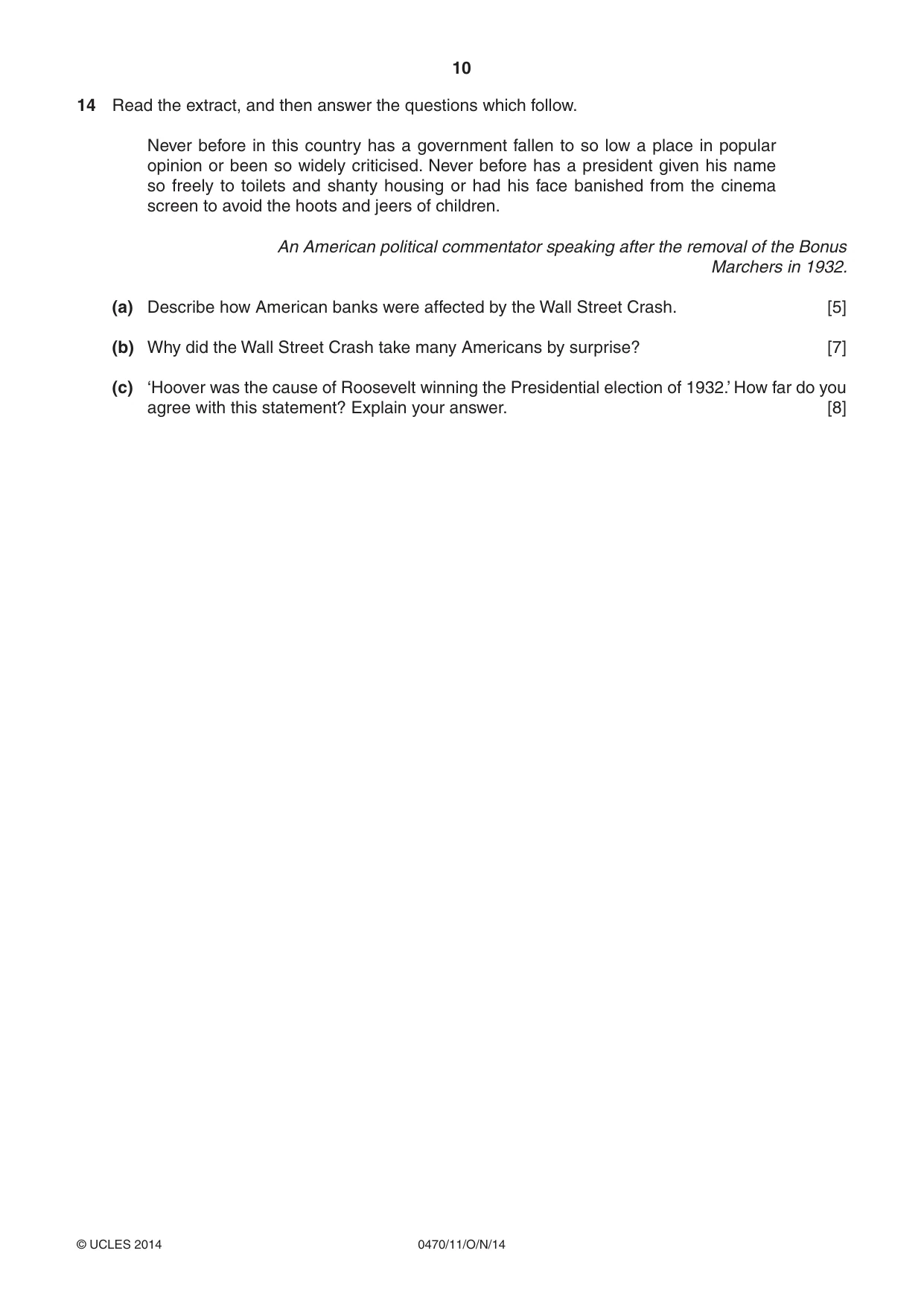 Cambridge IGCSE History 0470 2014 Oct/Nov Paper 1 · Variant 1 question paper, page 10 of 20