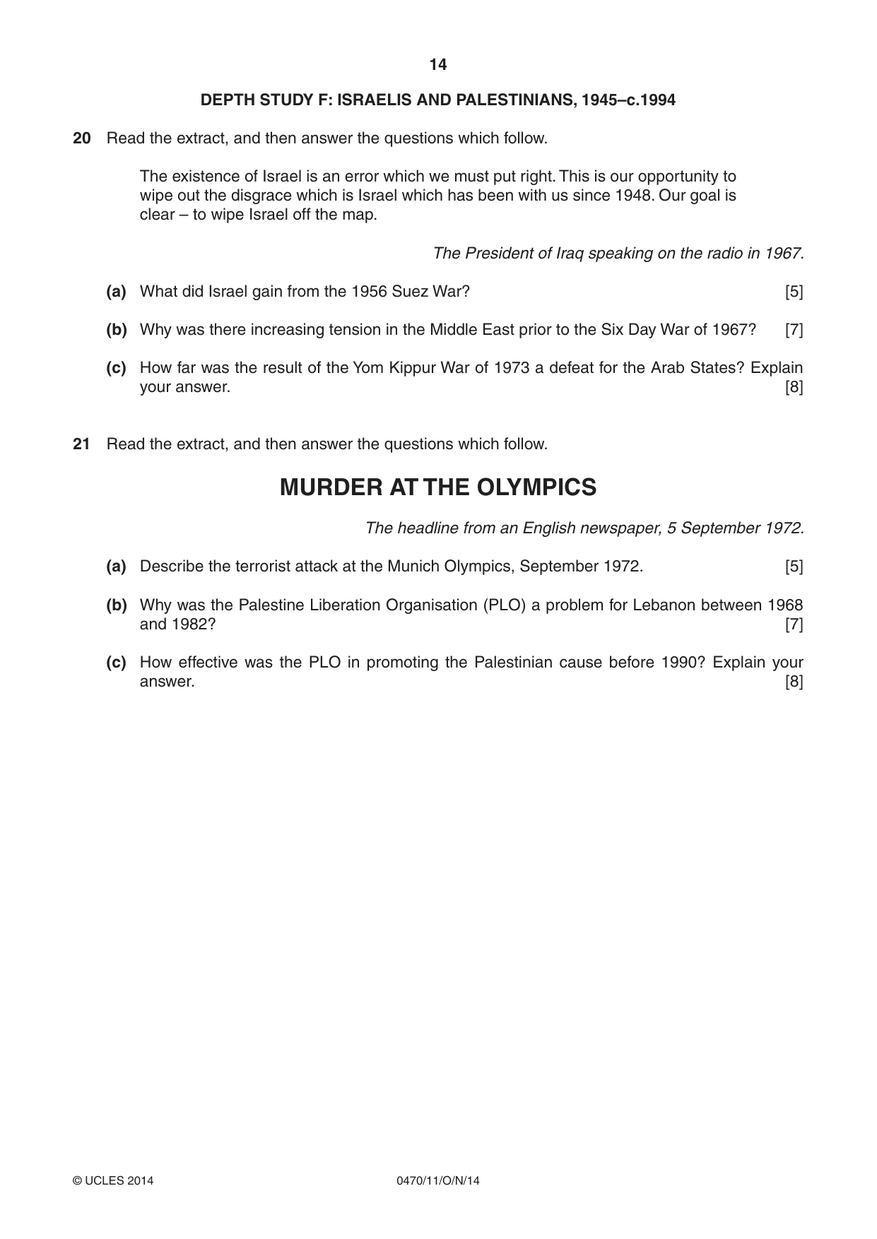 Cambridge IGCSE History 0470 2014 Oct/Nov Paper 1 · Variant 1 question paper, page 14 of 20