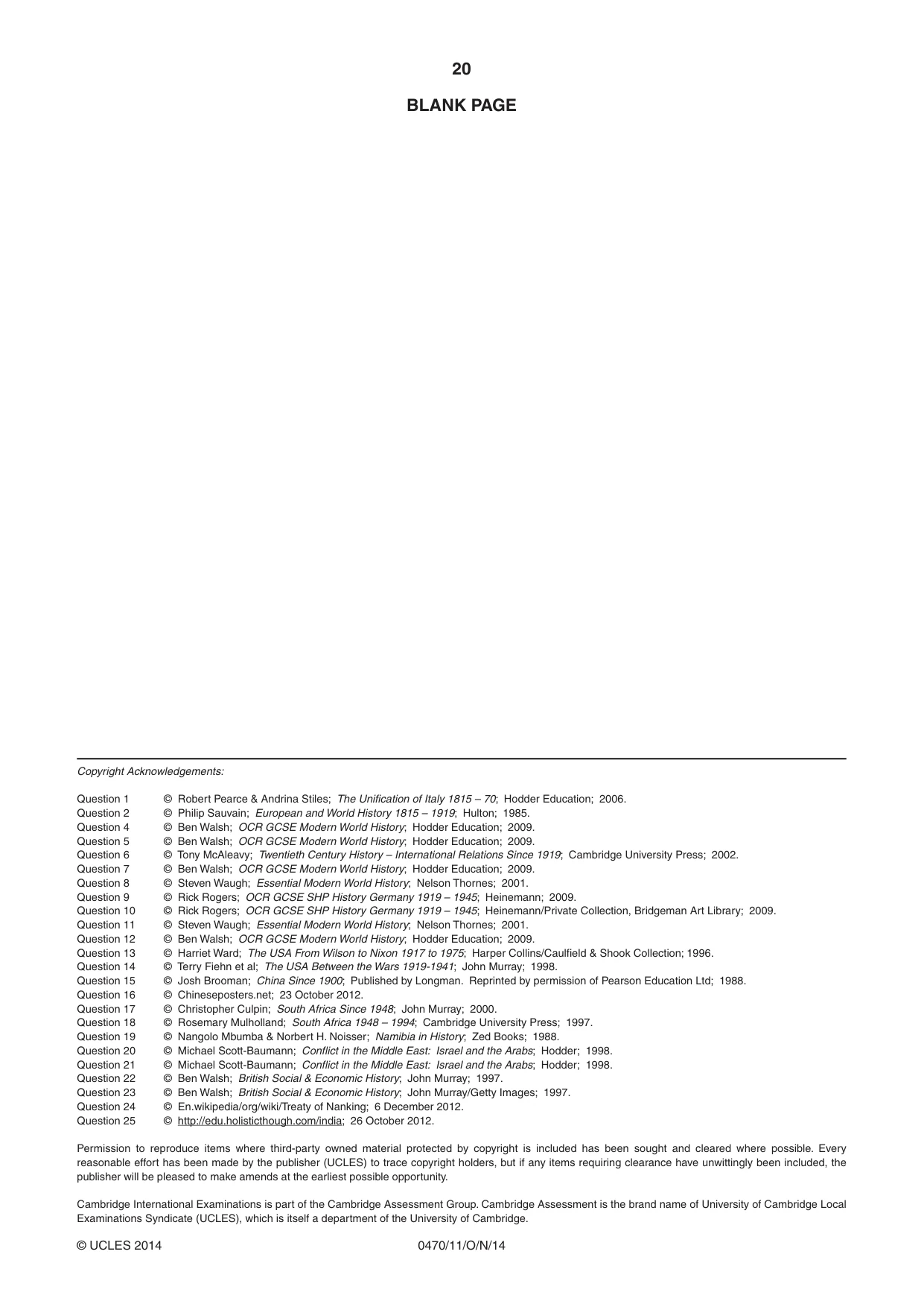 Cambridge IGCSE History 0470 2014 Oct/Nov Paper 1 · Variant 1 question paper, page 20 of 20