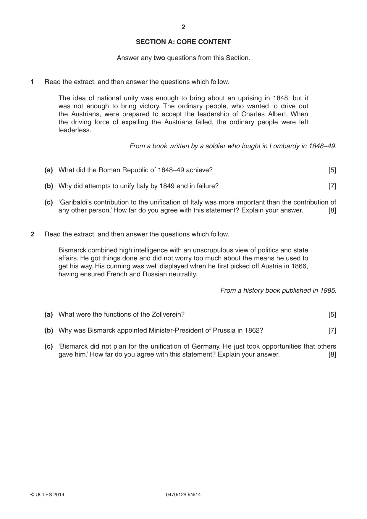 Cambridge IGCSE History 0470 2014 Oct/Nov Paper 1 · Variant 2 question paper, page 2 of 20