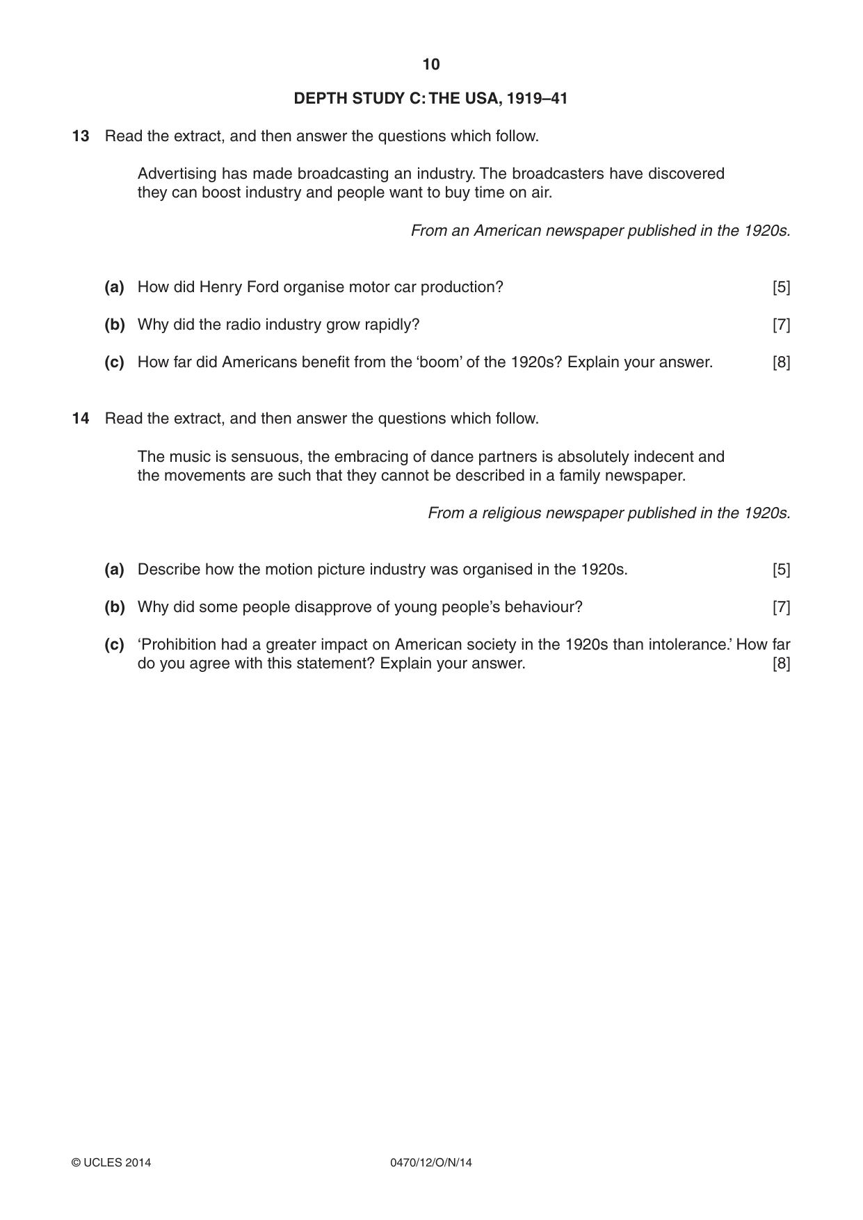 Cambridge IGCSE History 0470 2014 Oct/Nov Paper 1 · Variant 2 question paper, page 10 of 20