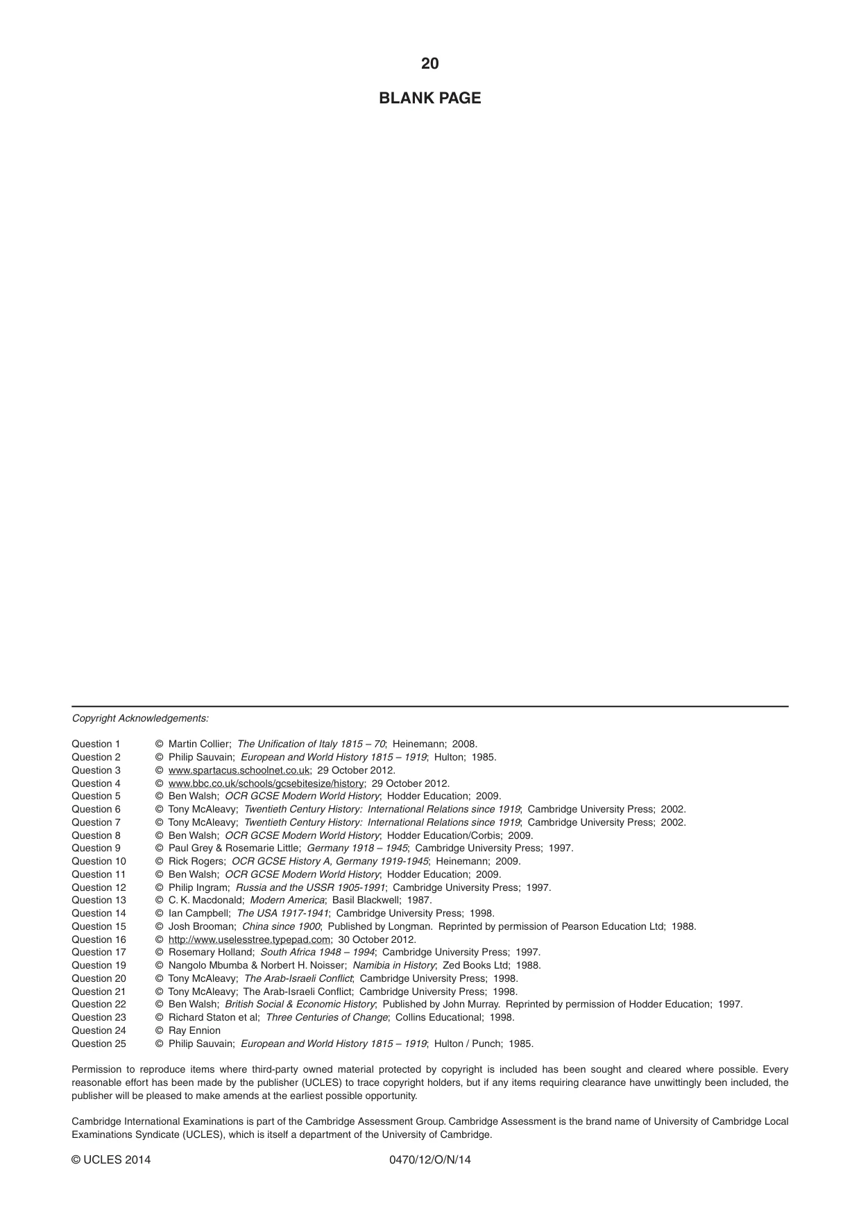 Cambridge IGCSE History 0470 2014 Oct/Nov Paper 1 · Variant 2 question paper, page 20 of 20