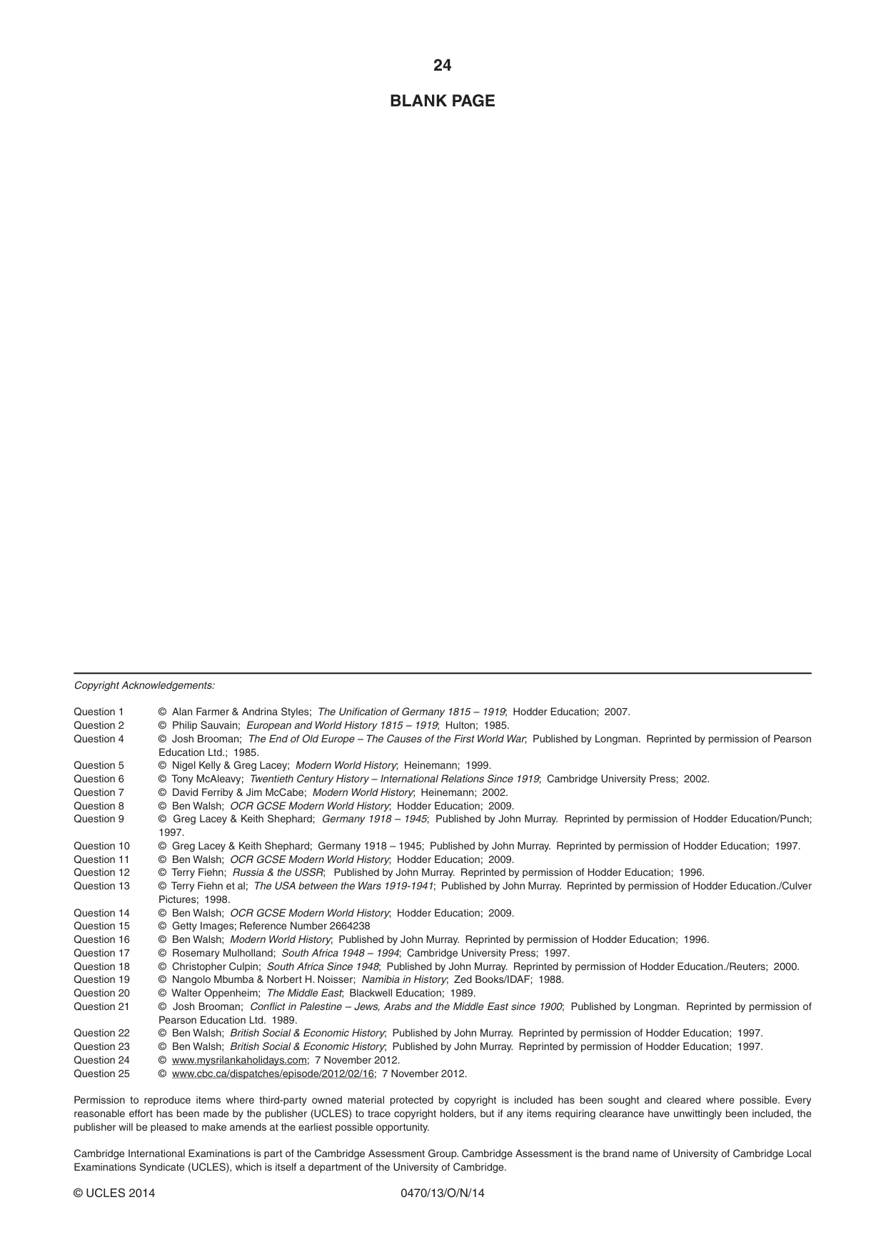 Cambridge IGCSE History 0470 2014 Oct/Nov Paper 1 · Variant 3 question paper, page 24 of 24