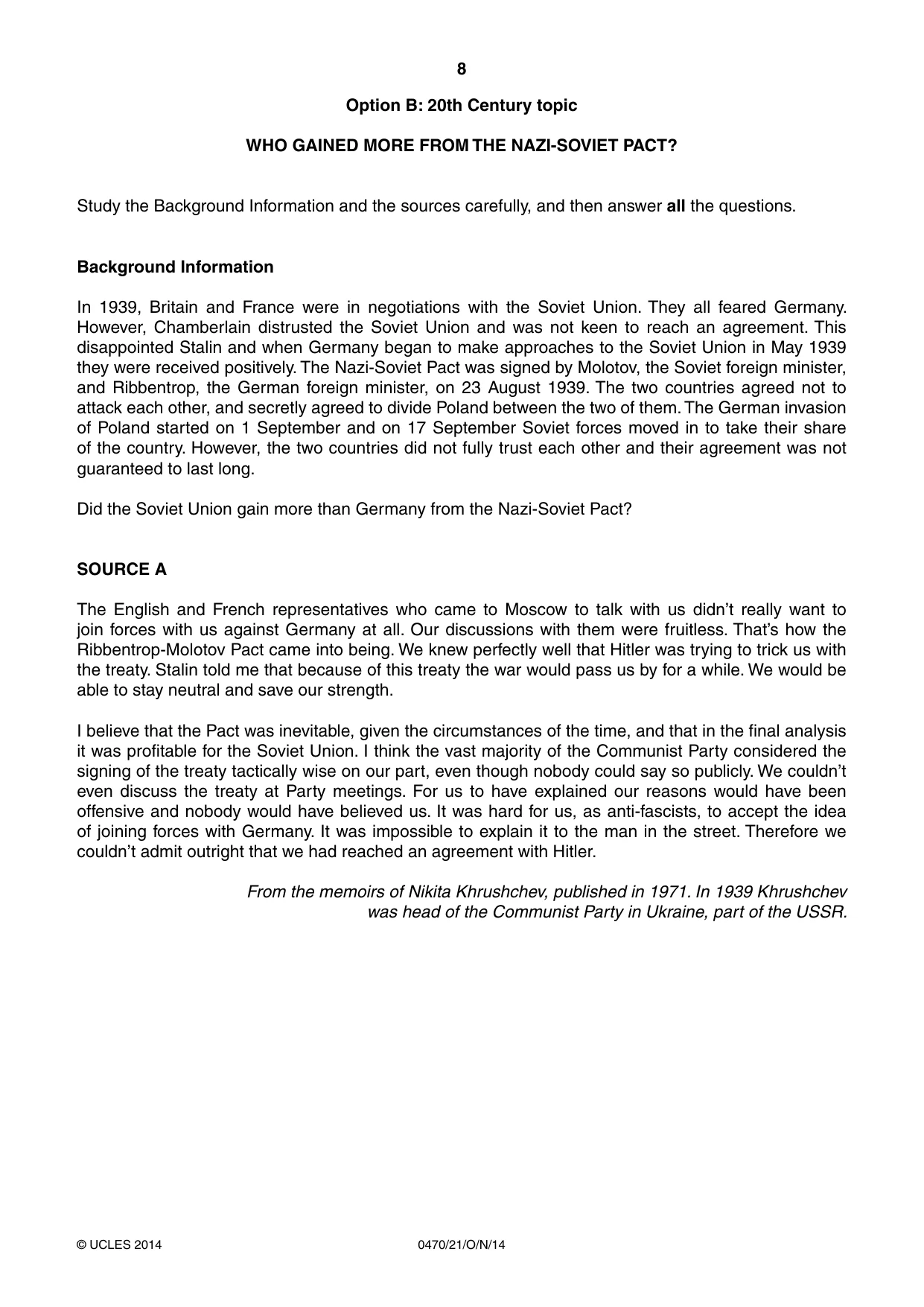 Cambridge IGCSE History 0470 2014 Oct/Nov Paper 2 · Variant 1 question paper, page 8 of 16