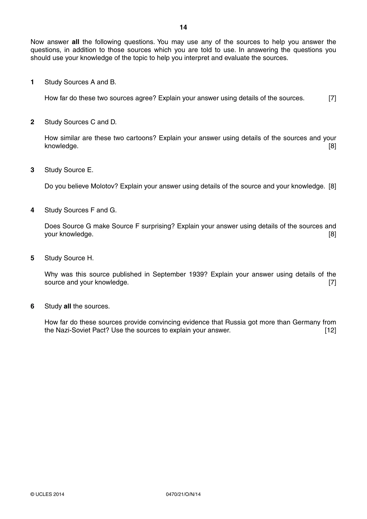 Cambridge IGCSE History 0470 2014 Oct/Nov Paper 2 · Variant 1 question paper, page 14 of 16