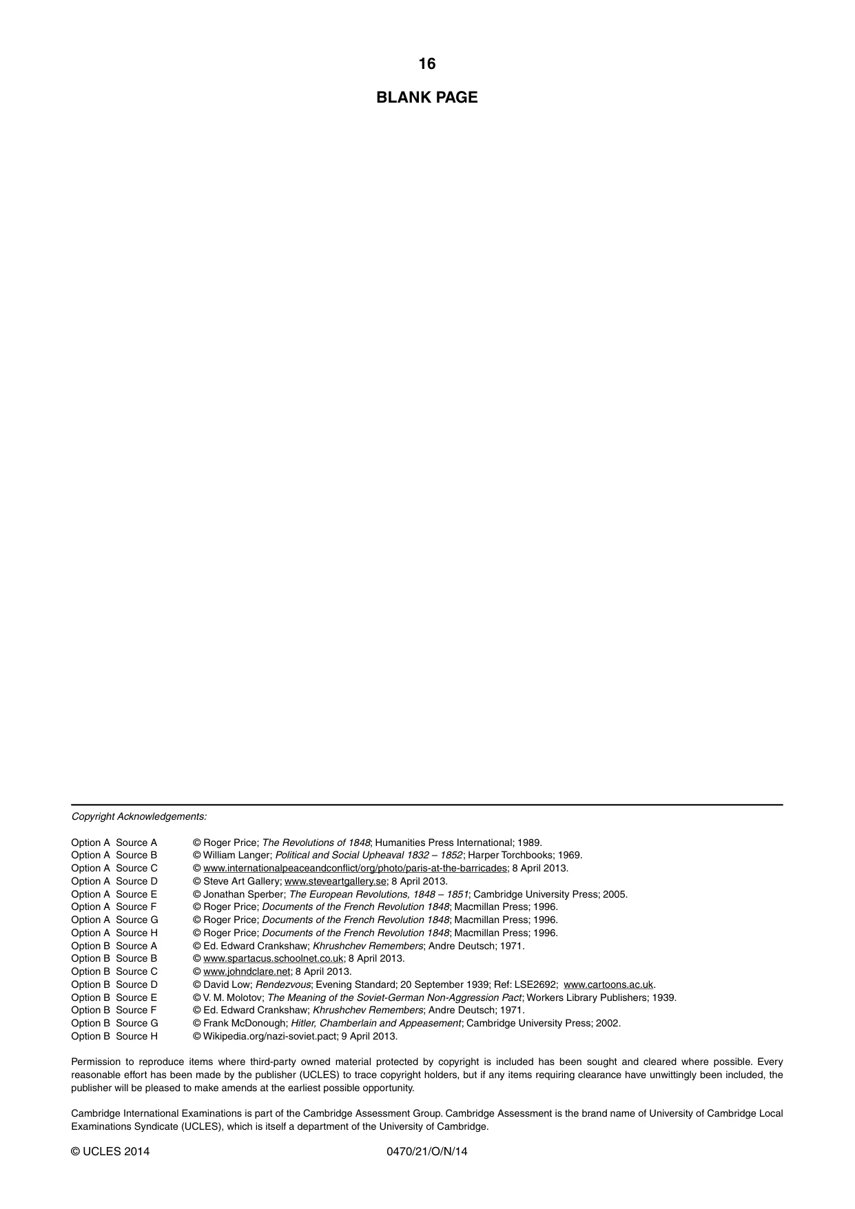 Cambridge IGCSE History 0470 2014 Oct/Nov Paper 2 · Variant 1 question paper, page 16 of 16