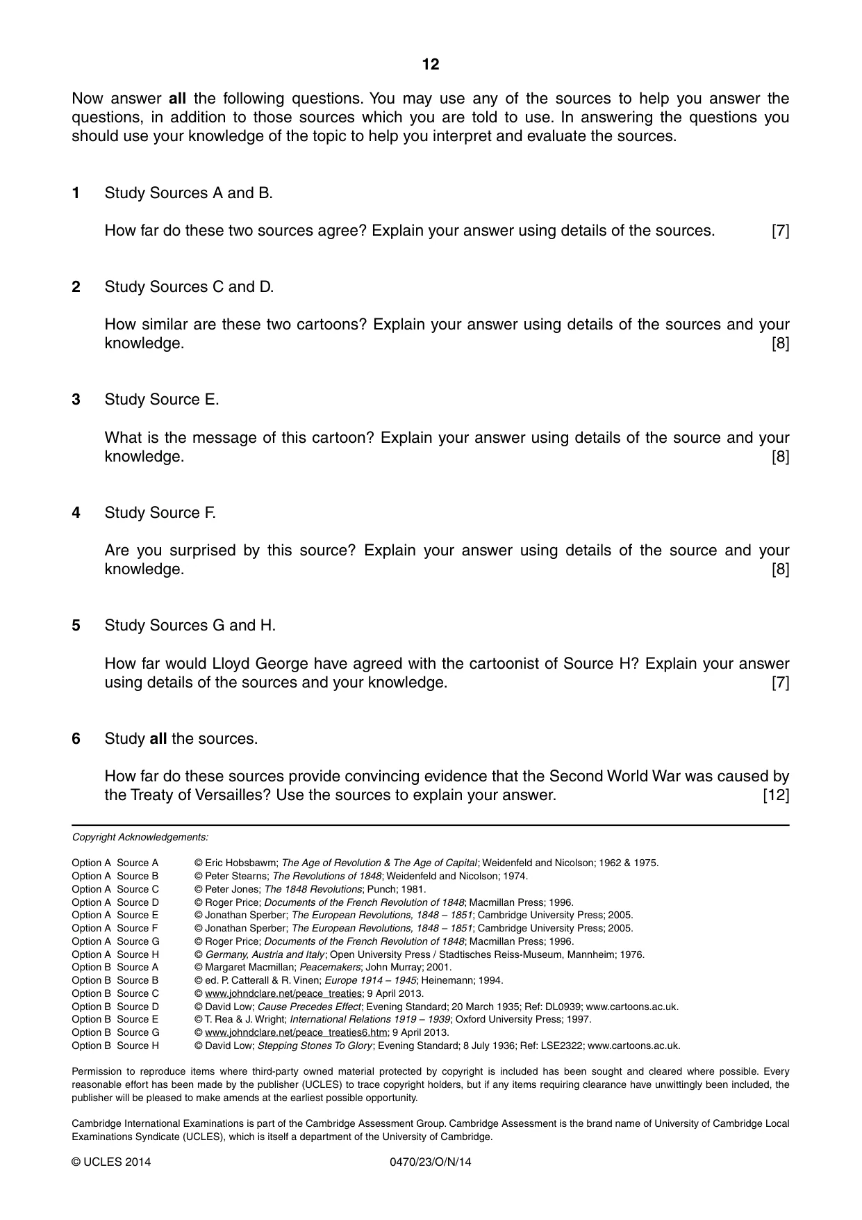 Cambridge IGCSE History 0470 2014 Oct/Nov Paper 2 · Variant 3 question paper, page 12 of 12