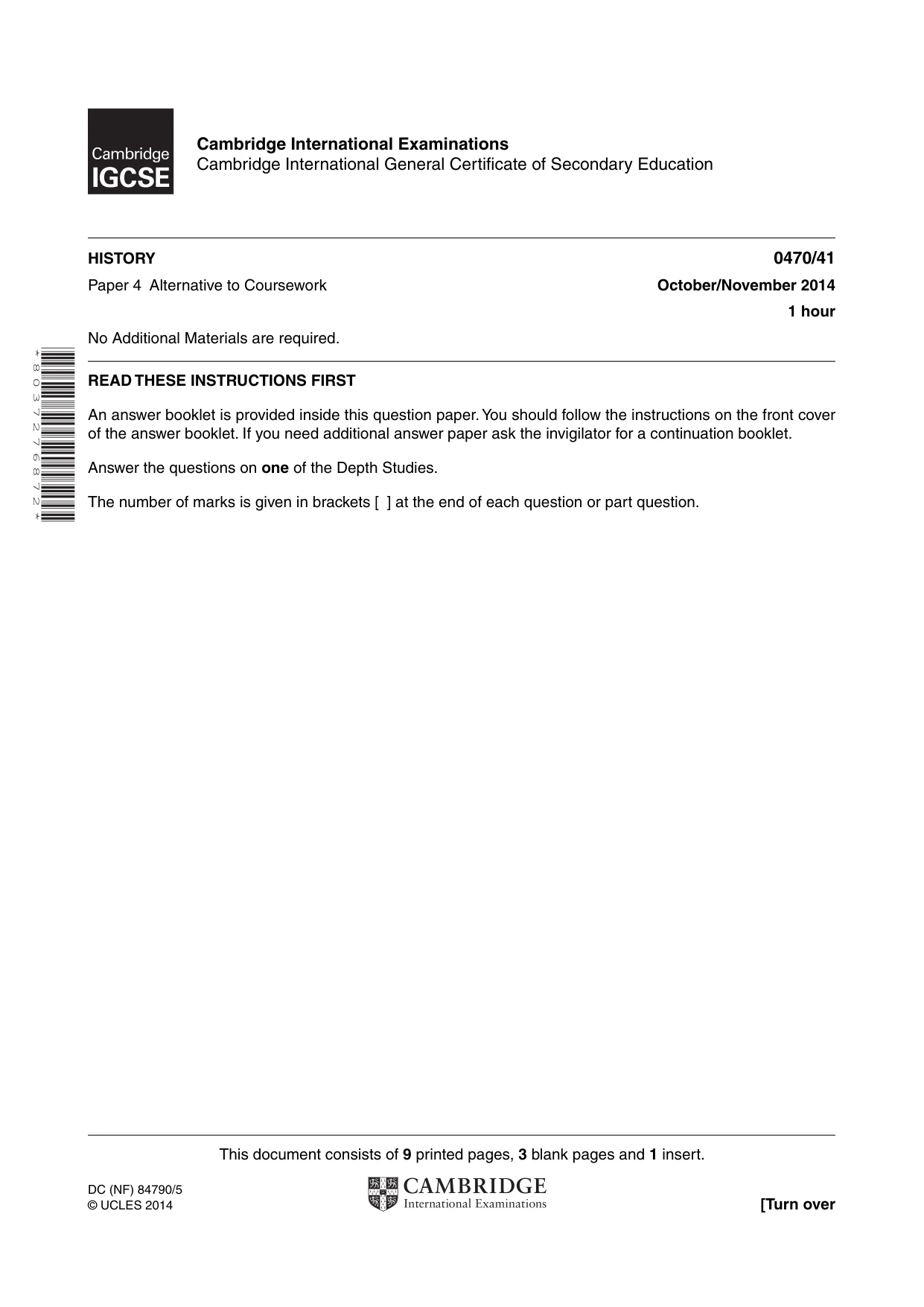 Cambridge IGCSE History 0470 2014 Oct/Nov Paper 4 · Variant 1 question paper, page 1 of 12