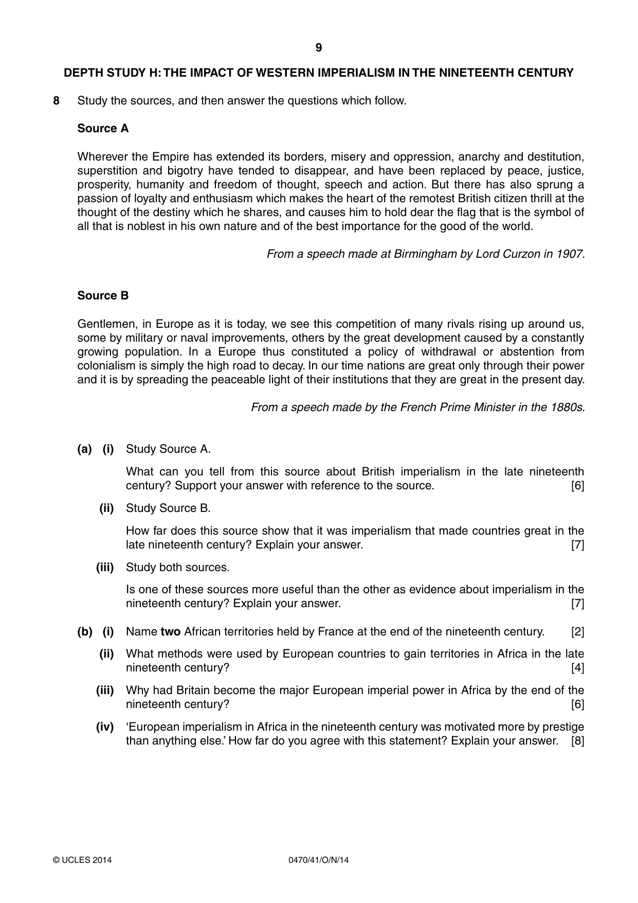 Cambridge IGCSE History 0470 2014 Oct/Nov Paper 4 · Variant 1 question paper, page 9 of 12