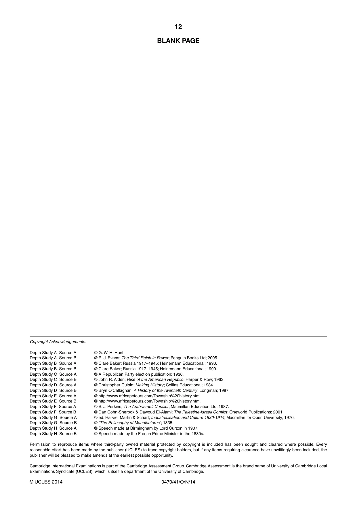 Cambridge IGCSE History 0470 2014 Oct/Nov Paper 4 · Variant 1 question paper, page 12 of 12