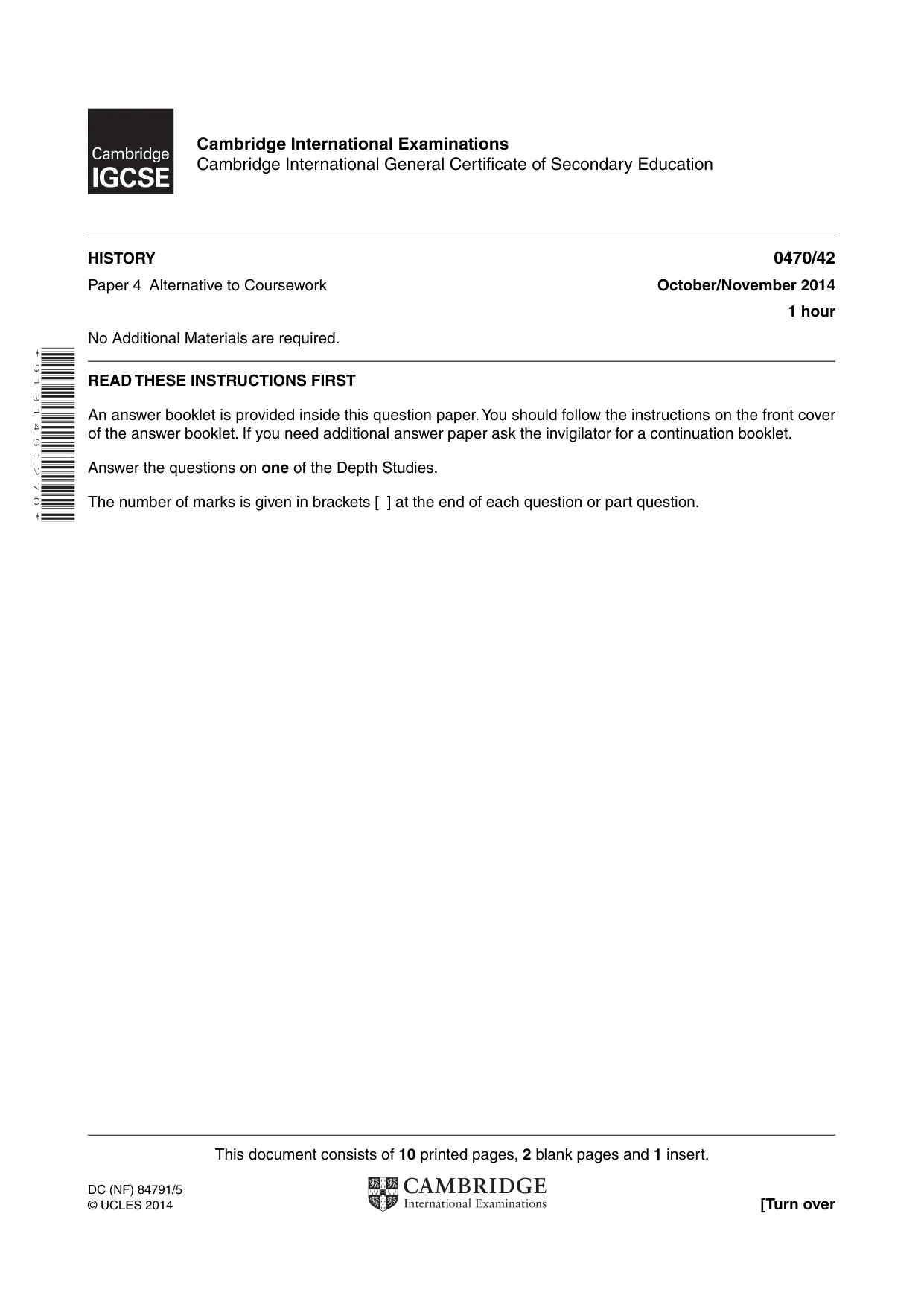 Cambridge IGCSE History 0470 2014 Oct/Nov Paper 4 · Variant 2 question paper, page 1 of 12