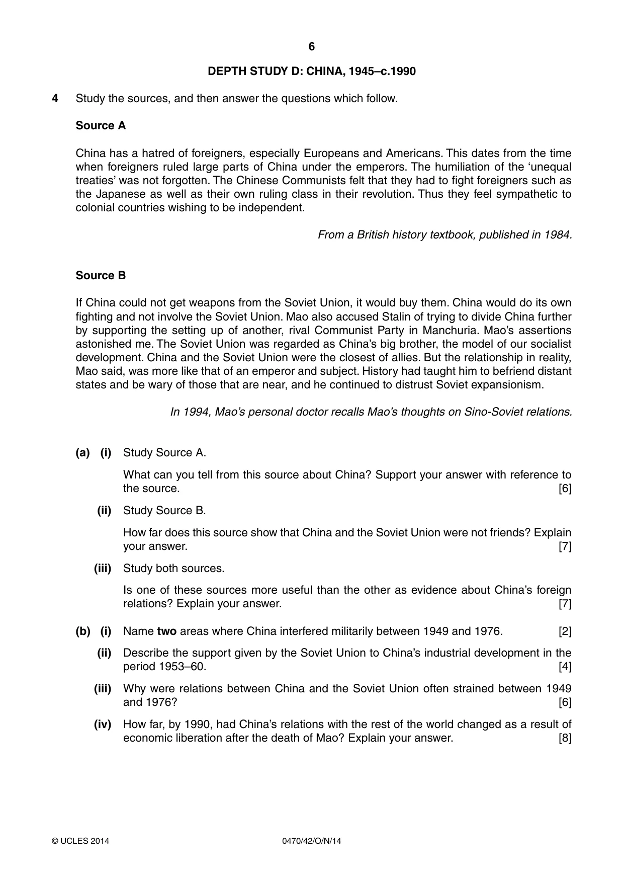 Cambridge IGCSE History 0470 2014 Oct/Nov Paper 4 · Variant 2 question paper, page 6 of 12