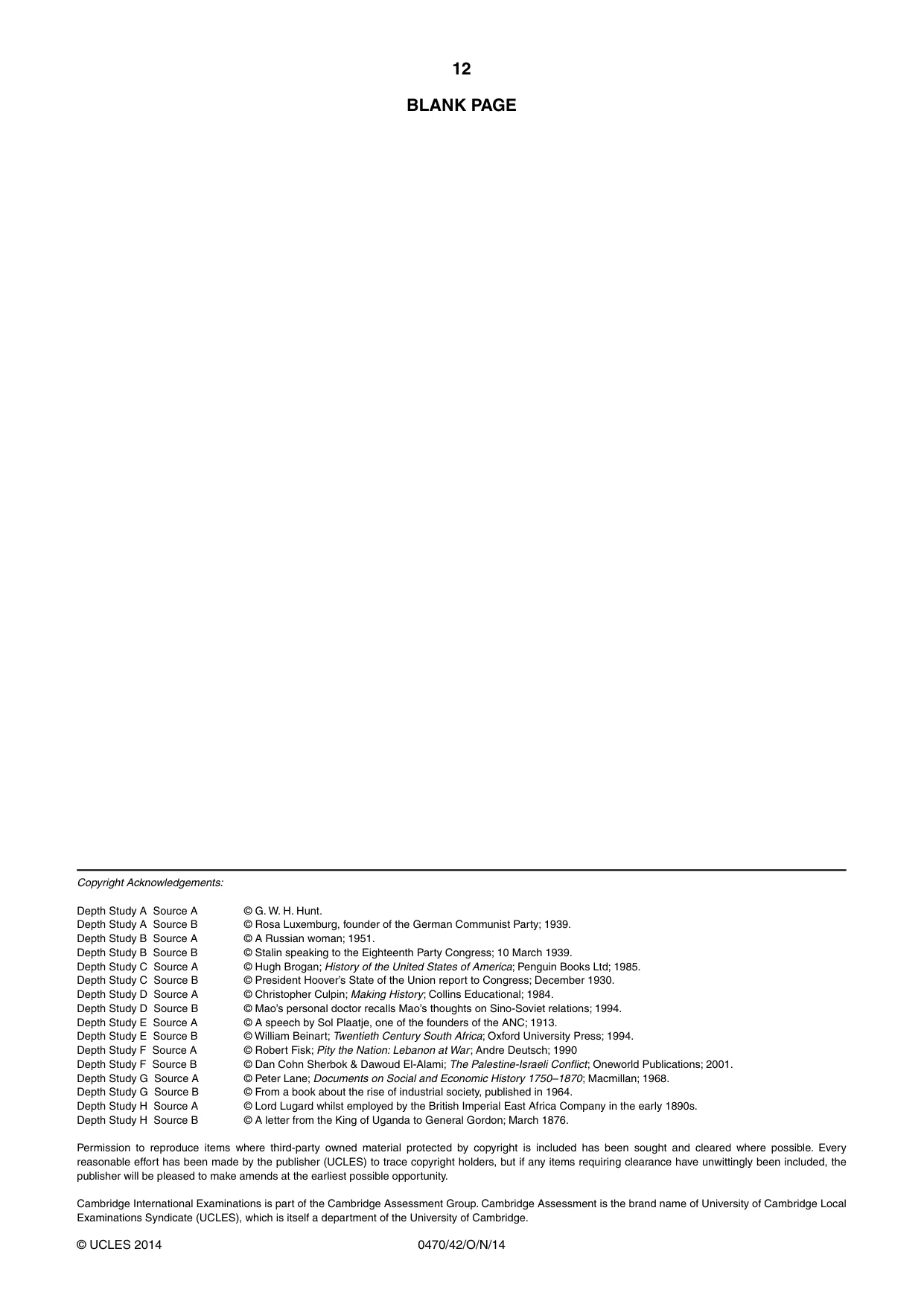 Cambridge IGCSE History 0470 2014 Oct/Nov Paper 4 · Variant 2 question paper, page 12 of 12
