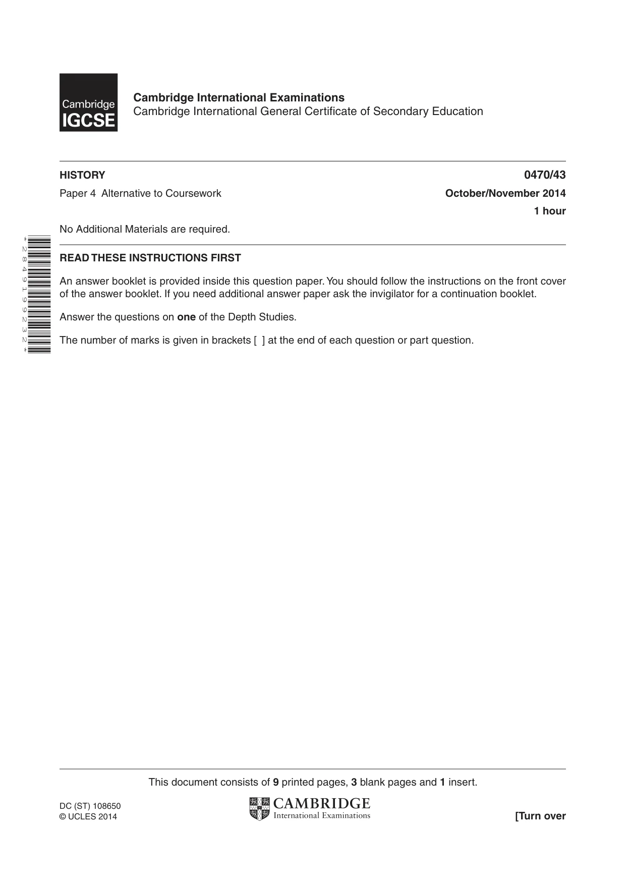 Cambridge IGCSE History 0470 2014 Oct/Nov Paper 4 · Variant 3 question paper, page 1 of 12