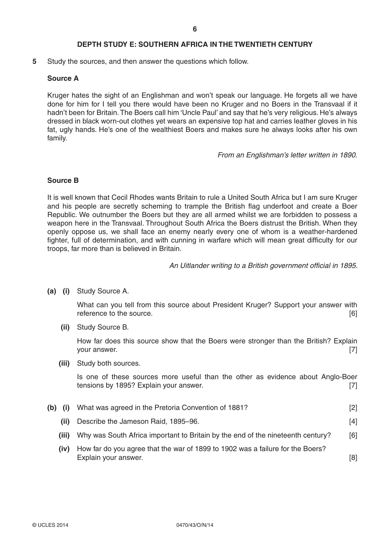 Cambridge IGCSE History 0470 2014 Oct/Nov Paper 4 · Variant 3 question paper, page 6 of 12