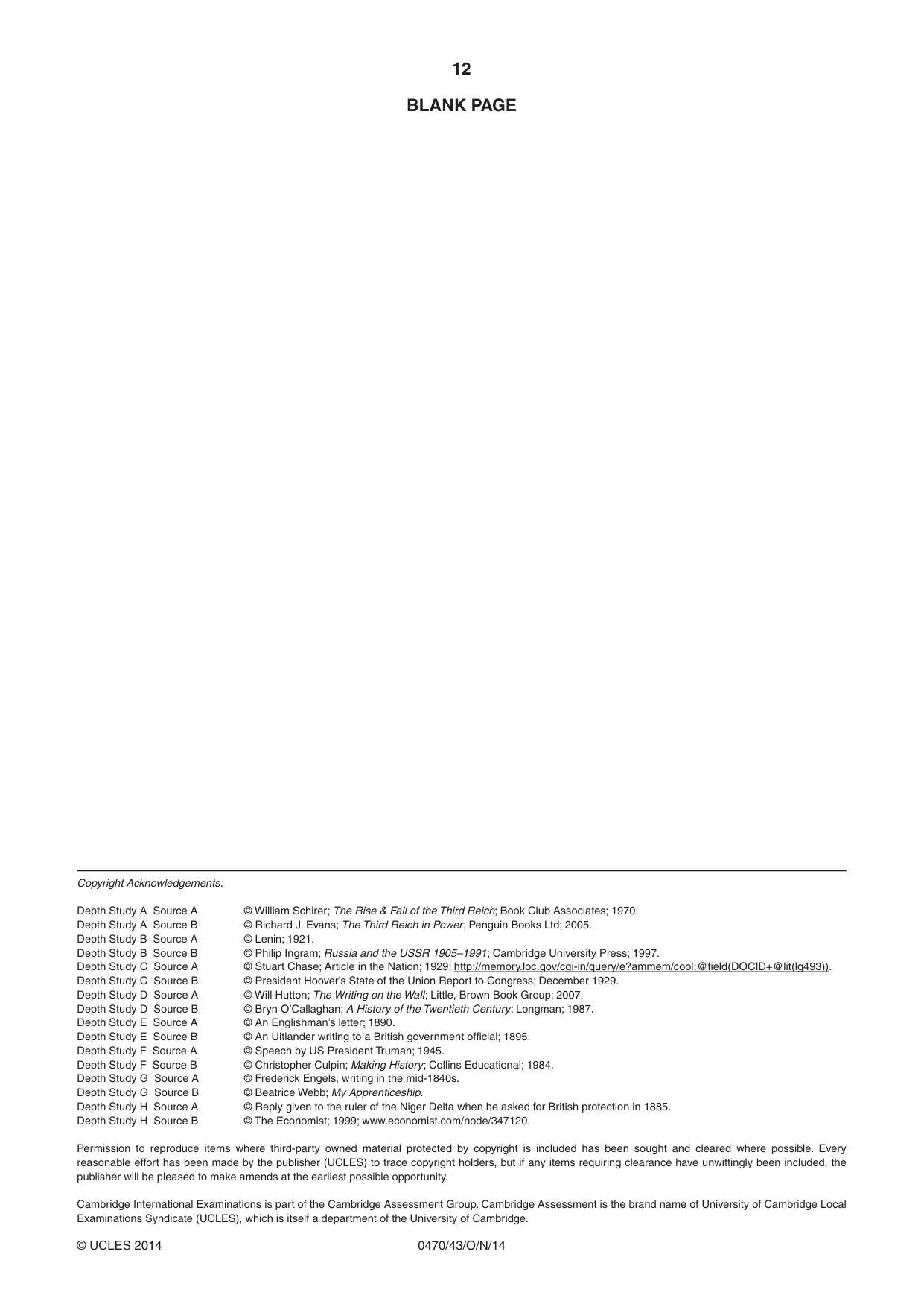 Cambridge IGCSE History 0470 2014 Oct/Nov Paper 4 · Variant 3 question paper, page 12 of 12