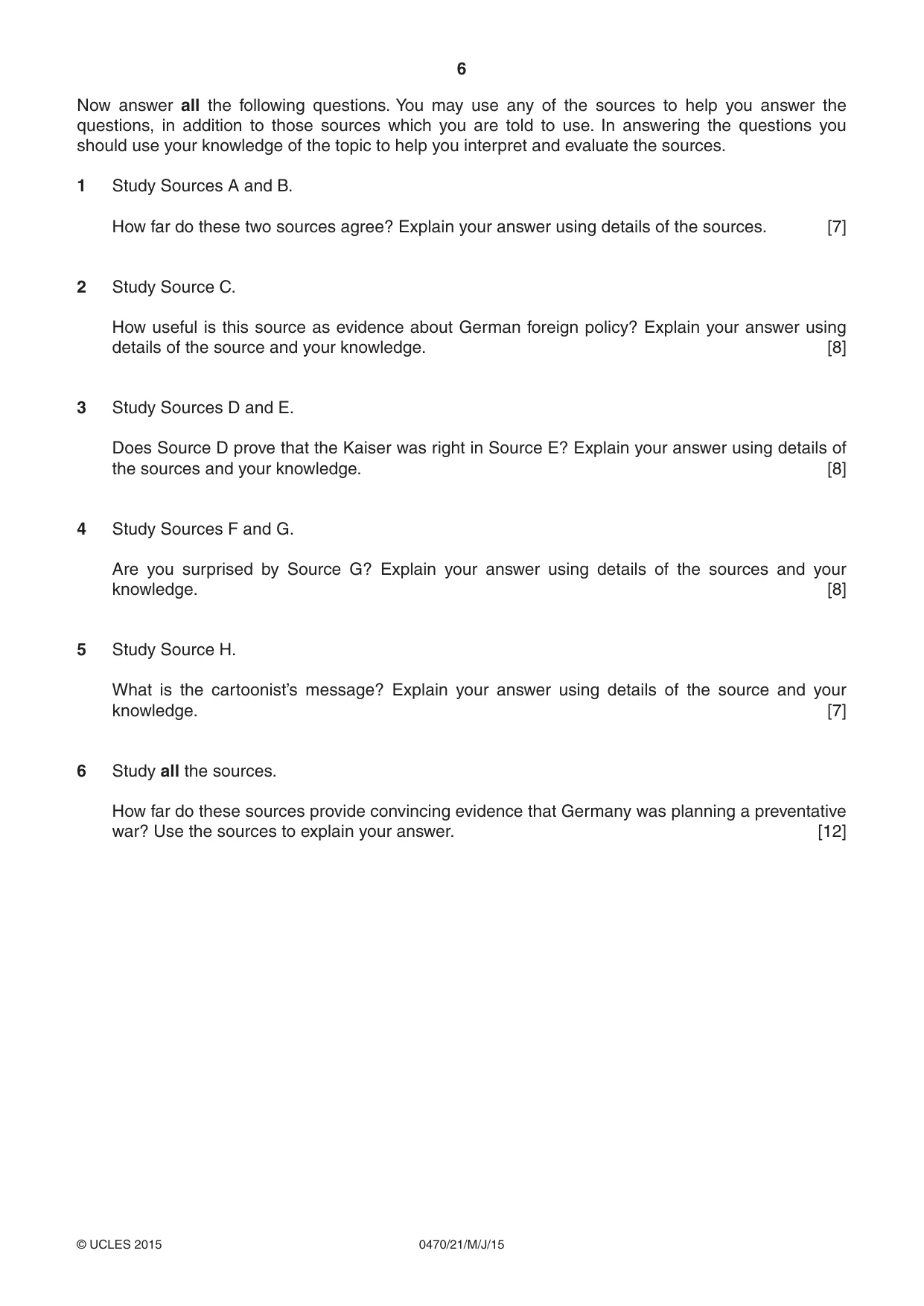 Cambridge IGCSE History 0470 2015 May/June Paper 2 · Variant 1 question paper, page 6 of 12