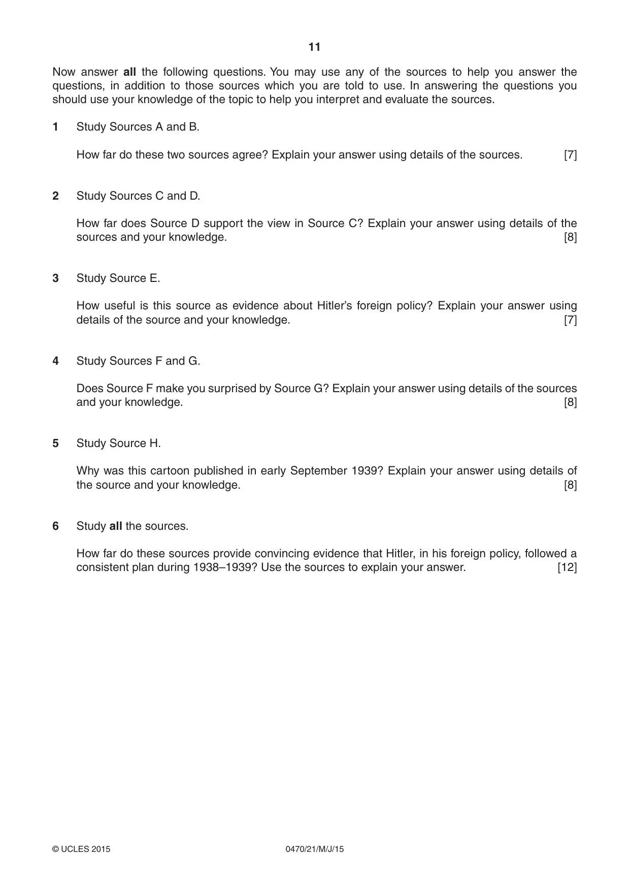 Cambridge IGCSE History 0470 2015 May/June Paper 2 · Variant 1 question paper, page 11 of 12