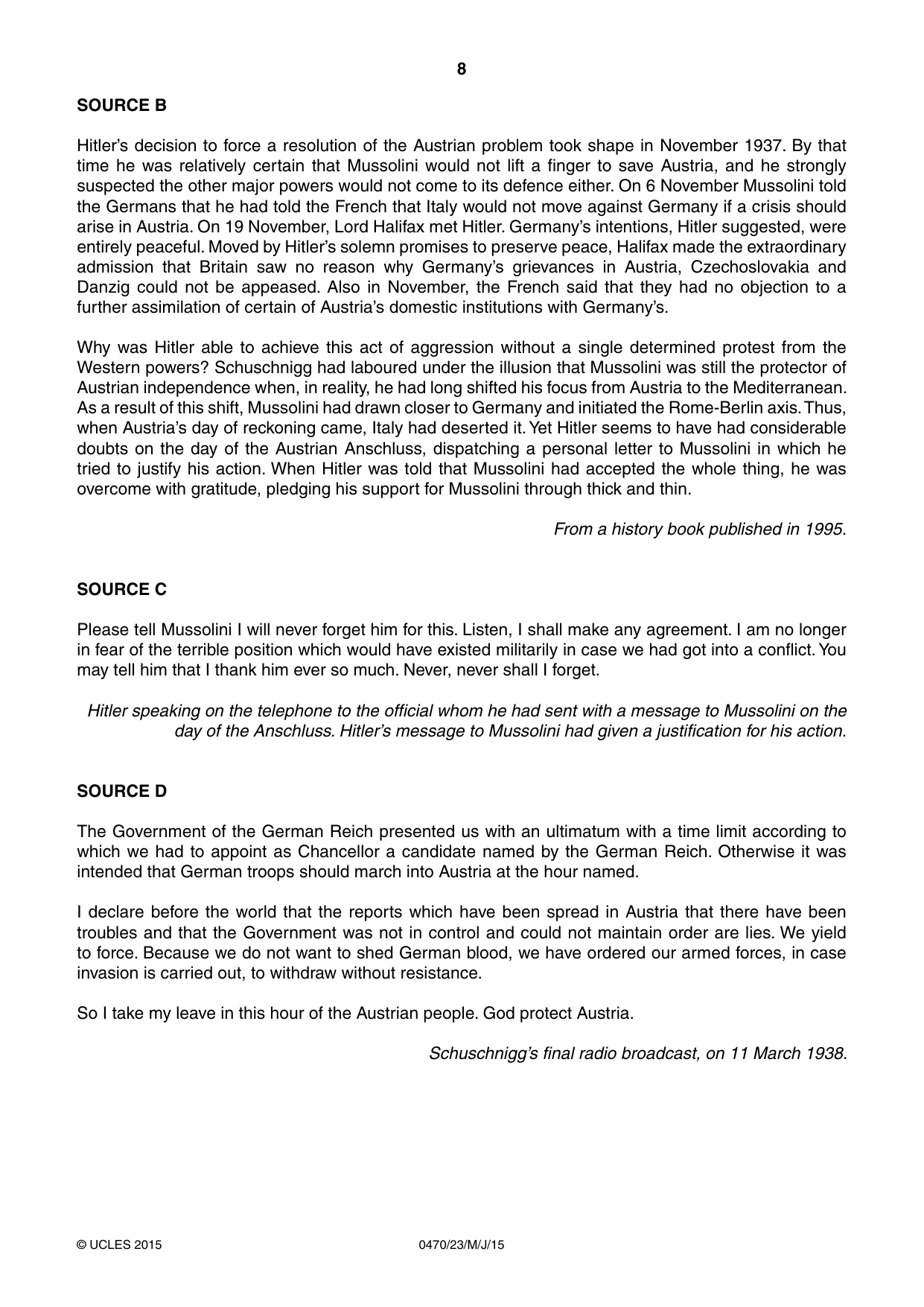 Cambridge IGCSE History 0470 2015 May/June Paper 2 · Variant 3 question paper, page 8 of 12