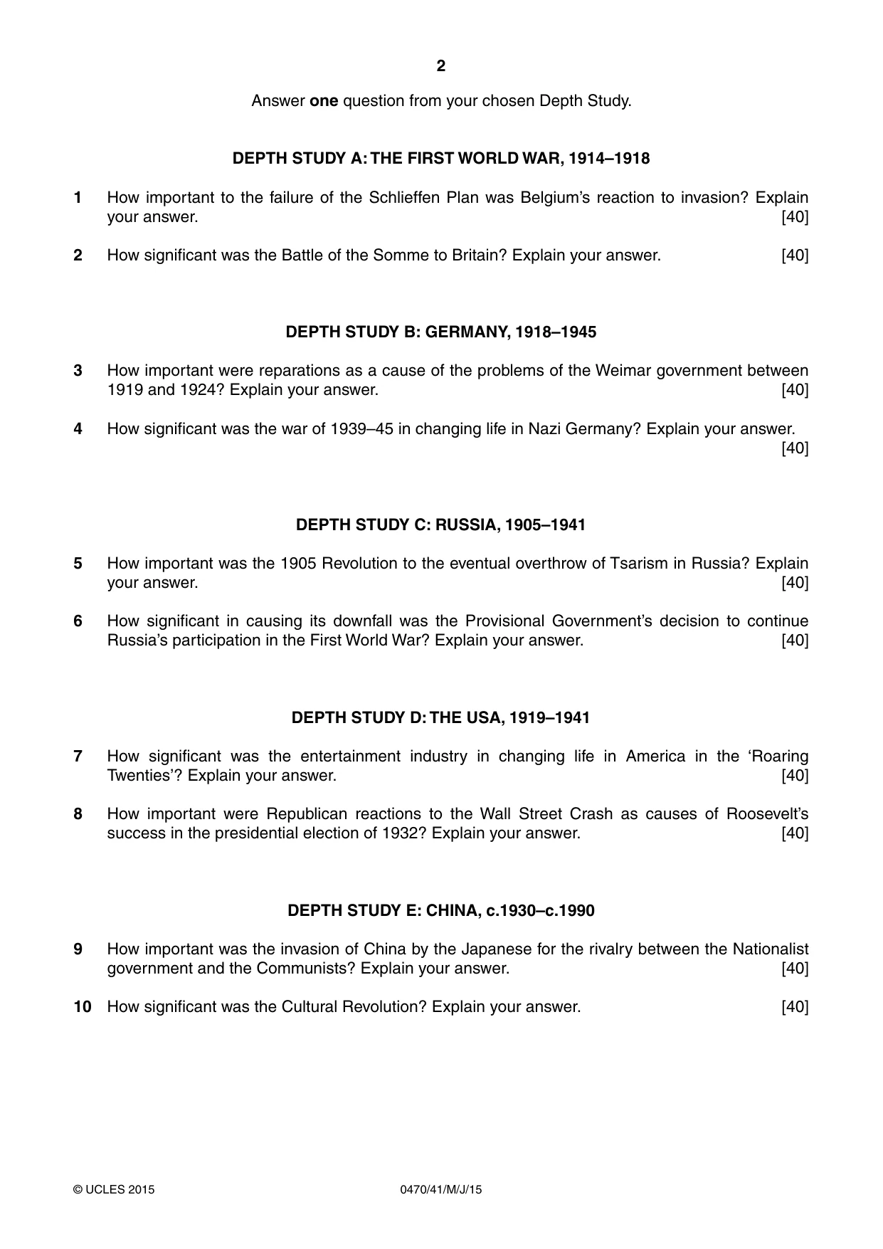 Cambridge IGCSE History 0470 2015 May/June Paper 4 · Variant 1 question paper, page 2 of 4