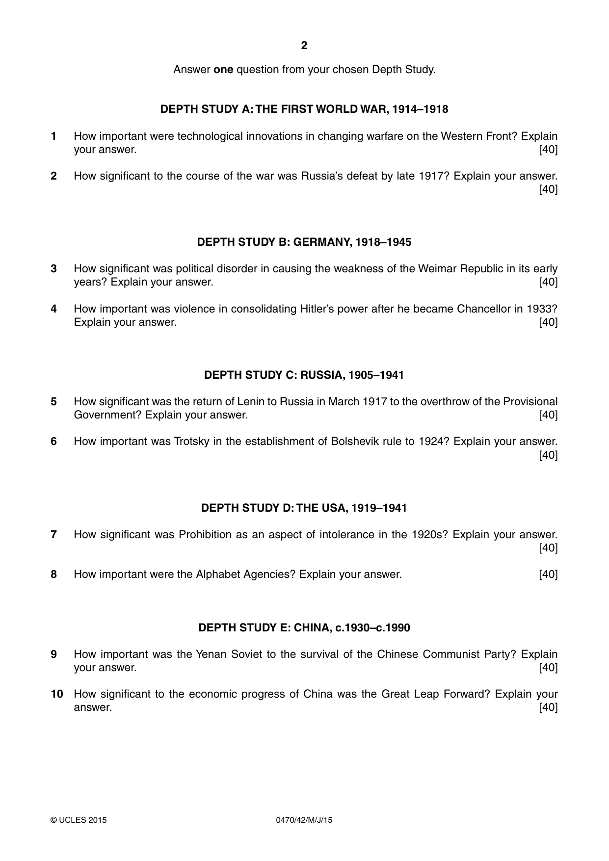 Cambridge IGCSE History 0470 2015 May/June Paper 4 · Variant 2 question paper, page 2 of 4
