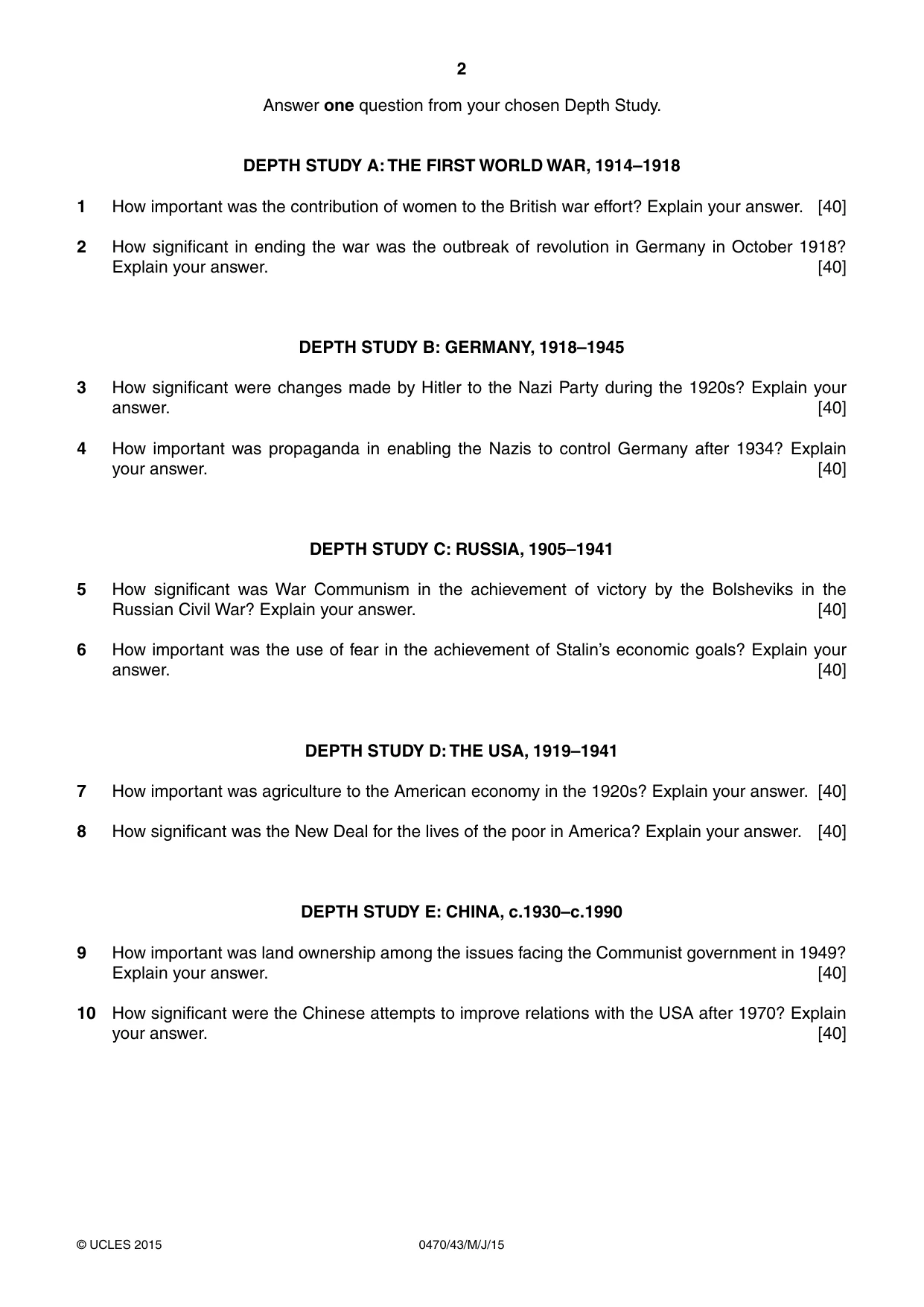 Cambridge IGCSE History 0470 2015 May/June Paper 4 · Variant 3 question paper, page 2 of 4
