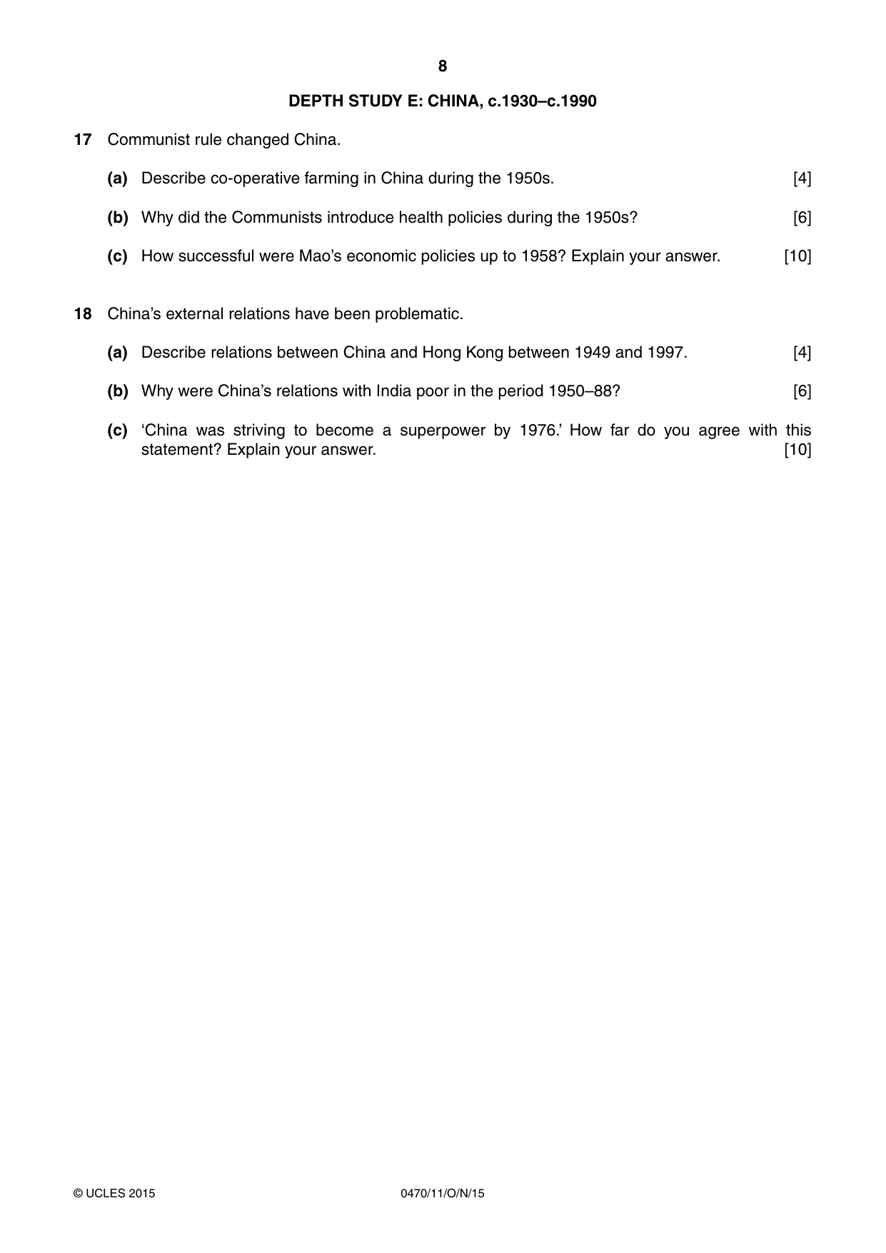 Cambridge IGCSE History 0470 2015 Oct/Nov Paper 1 · Variant 1 question paper, page 8 of 12